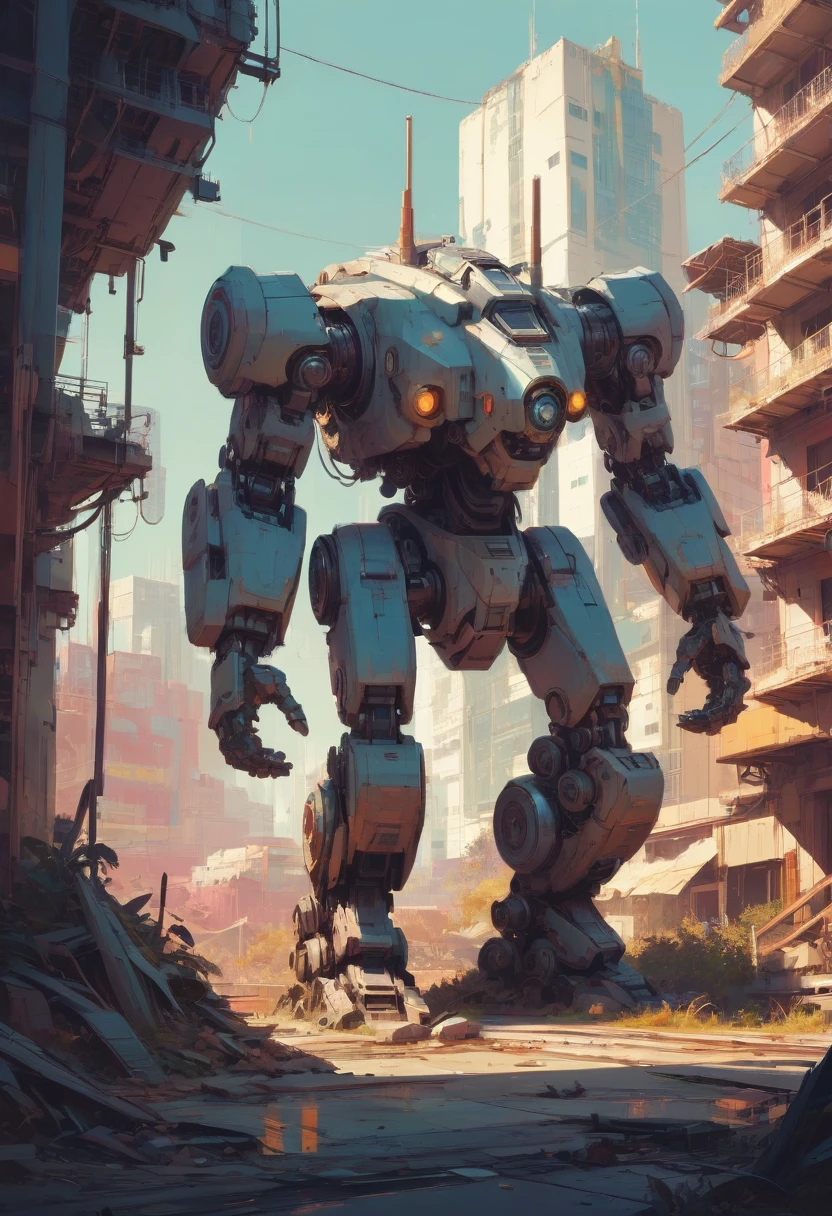 Abandoned Mech by James Gilleard, best quality, masterpiece, Representative work, official art, Professional, Ultra intricate detailed, 8k