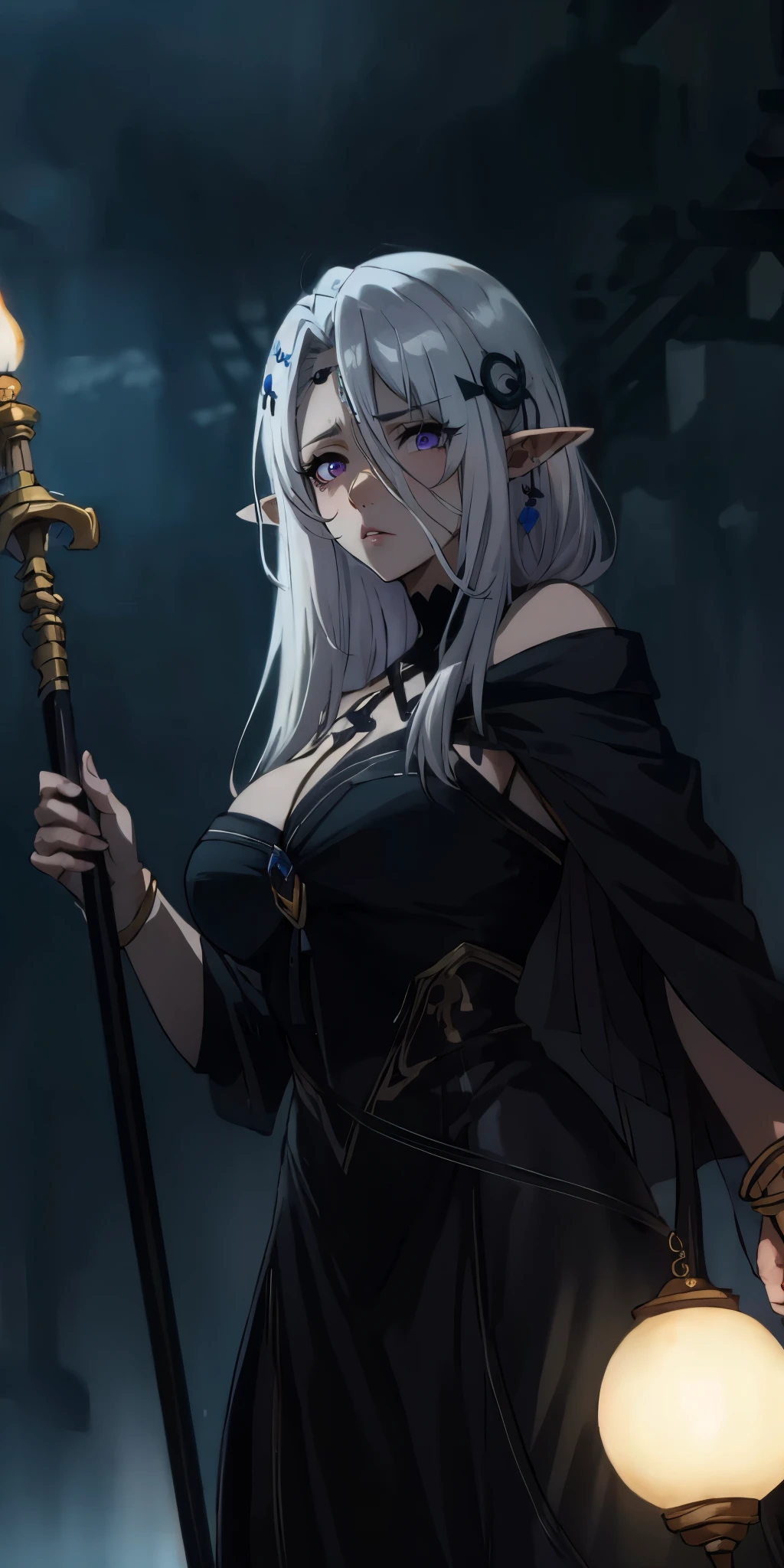 beatrix, white hair, long hair, elf, pointy ears, hair ornament, anatomically correct, best quality, masterpiece, high quality, high details, highres, HD, (shaded face:1.2), huge breasts, sagging breasts, staff, lips, bracelet, jewelry,  breasts, looking_at_viewer, standing, nose, black_dress, hair_over_shoulder, purple eyes, hollow eyes, lips, sad expression, gloomy expression,