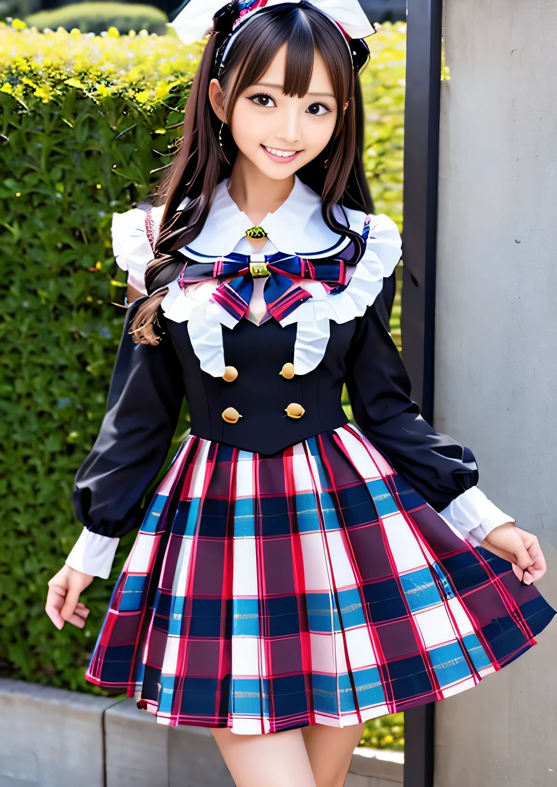 araffe weaAlsog a plaid dress and black boots standing against a wall, cute like an angel,  wearing a dress, lolita fashion, lolita style, Belle Delphine, Idol costumes like school uniform, Also, whole body! cute face, Happy!!!, , jpop clothes, 魔法school uniform, sakimichan, girly idol costumes&#39; school uniform