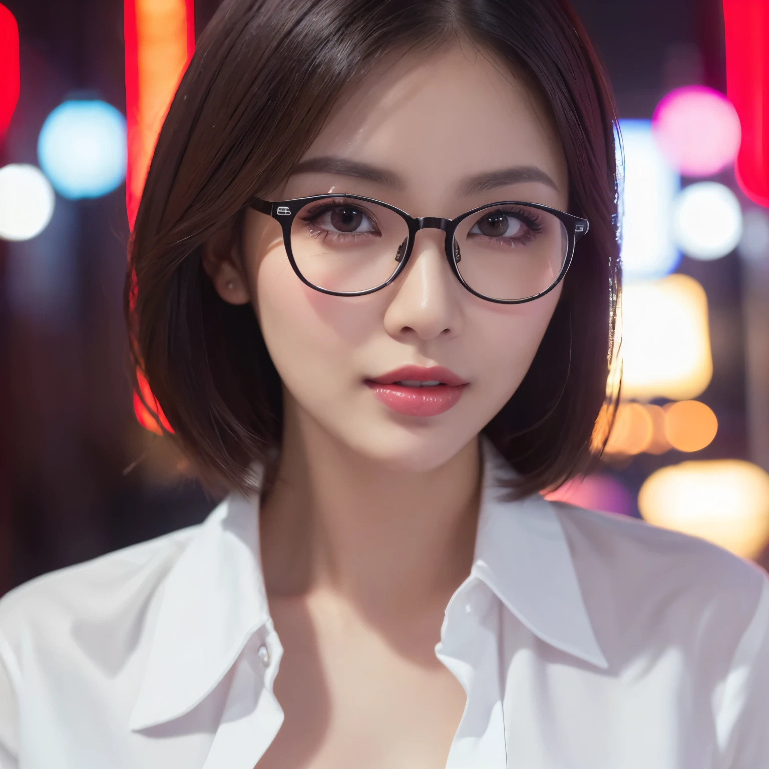 (highest quality、table top、8k、best image quality、Award-winning work)、one beautiful woman、25 years old、perfect beautiful composition、(very short straight hair:1.1)、(Classy glasses:1.1)、cleavage、Big breasts that are about to burst、emphasize body line、(Perfect and precise white polyester shirt:1.3)、look at me、perfect makeup、Bewitching、Overflowing sex appeal、glossy and bright lips、accurate anatomy、(close up of face:1.7)、look at me、(the moodiest lighting:1.1)、(Blurred red light district background with a moody and romantic atmosphere:1.1)、perfect makeup、Ultra high definition beauty face、ultra high definition hair、Ultra high definition moist eyes、(Super high resolution perfect teeth:1.1)、(Super high resolution glossy skin:1.1)、Super high resolution glossy lips