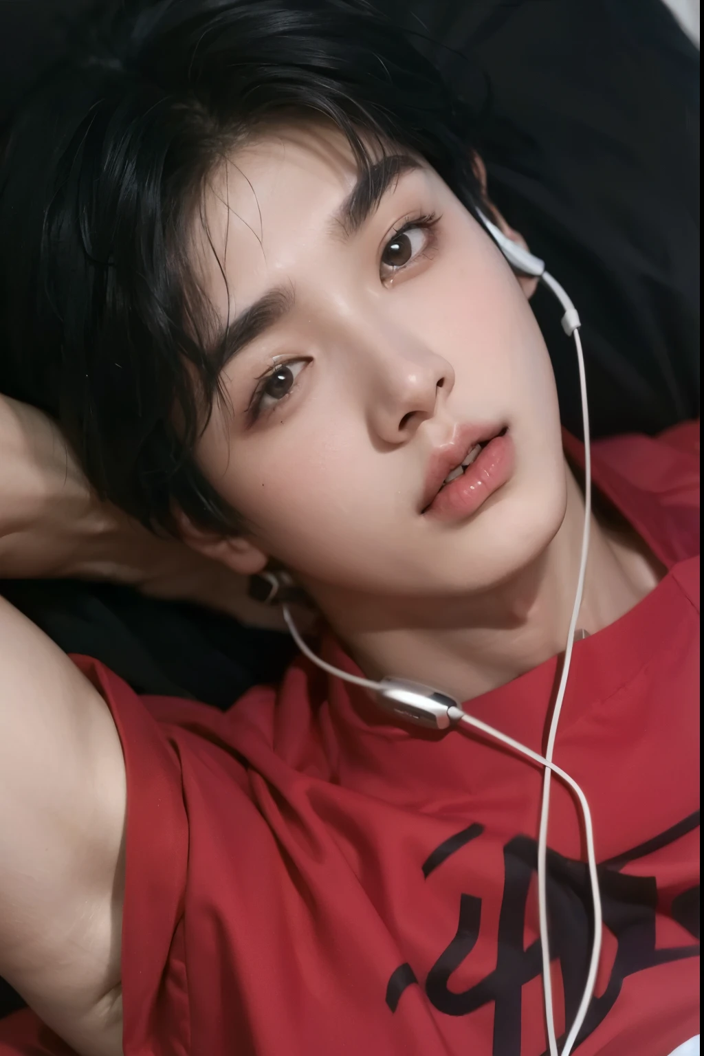 Ultra photorealistic, 20 year old, handsome model, Korean man, , on top of the bed, peninis on ace, Top view, expression of ecstasy/orgasmshot, cust and fac