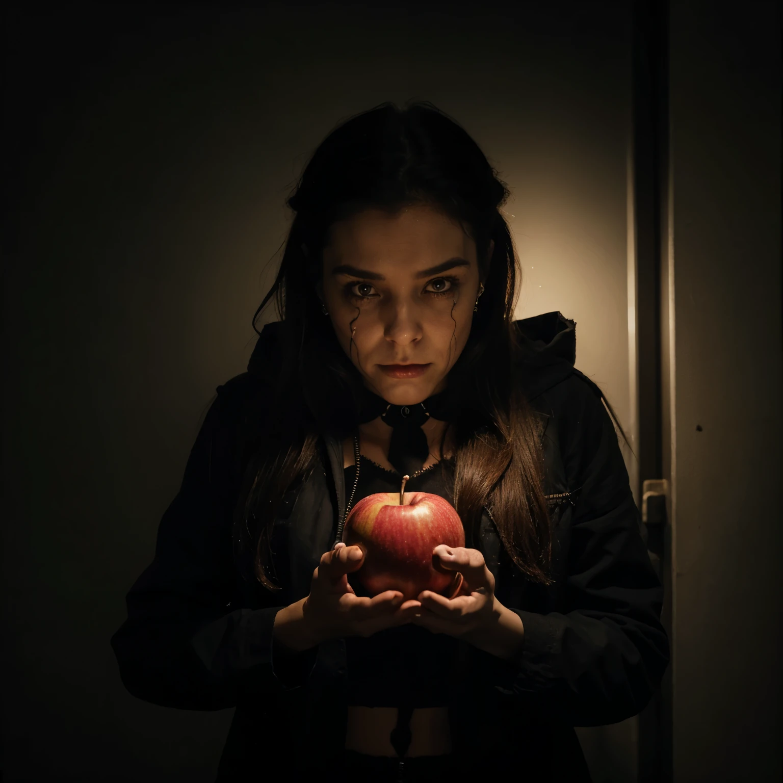 Cuadro realista de terror de una chica parecida a un cadaver, with his eyes bulging out of his sockets and with two apples in his hands 