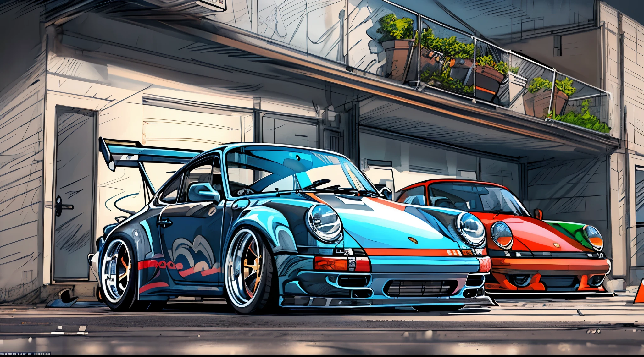 (RAW Photo, Best Quality), (Realistic, Photorealistic Photo: 1.3), Best Quality, Highly Detailed, Masterpiece, Ultra Detailed, Illustration, Porsche 911 rwb, wide body, sketch, 
cartoonish, comic strip, rendering, chrome wheels, bagged, slammed to the ground, empty parkinglot, style dessin manga, couleur