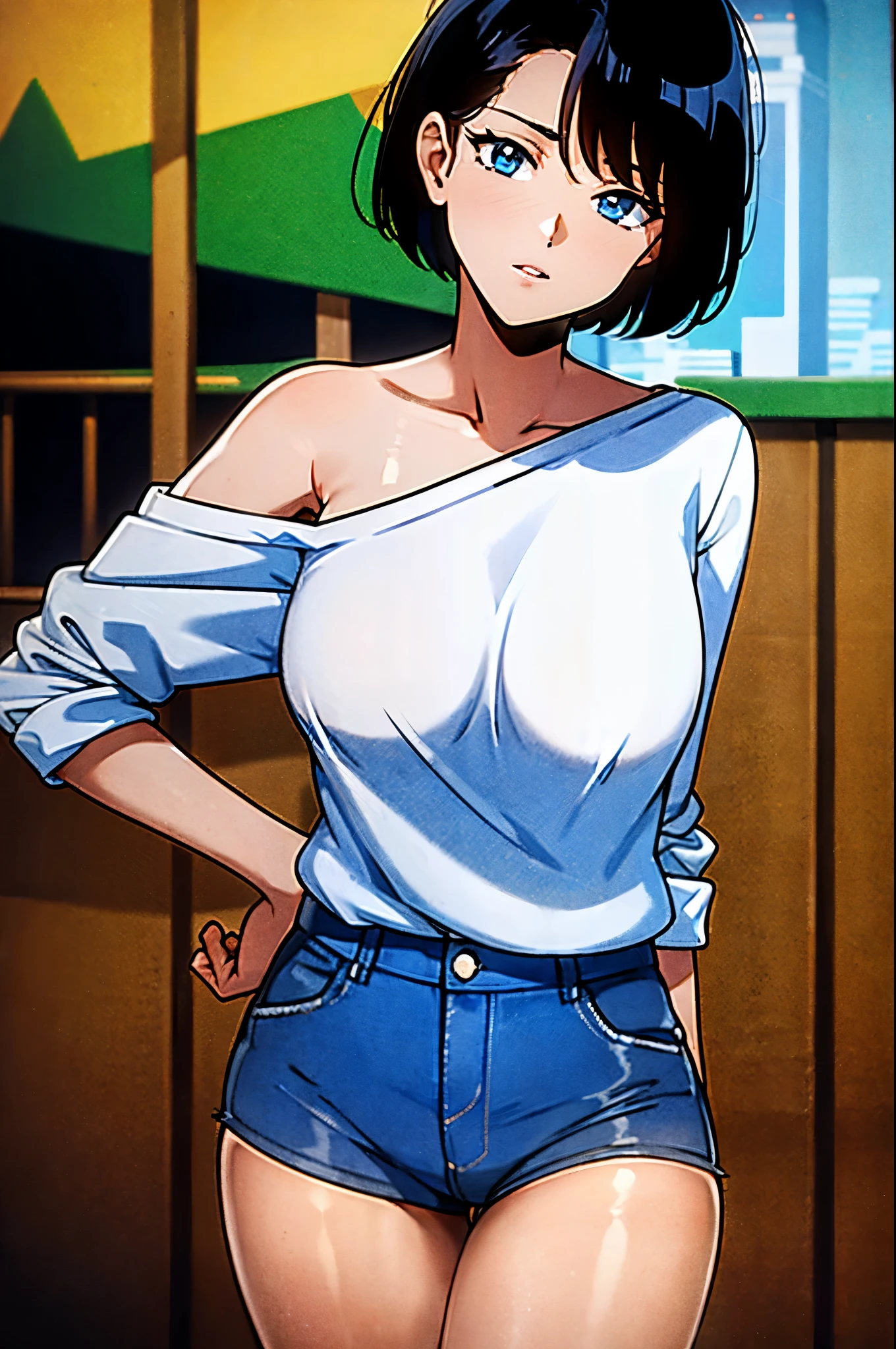 1girl, short black hair, blue eyes, wearing plain white shirt, denim shorts, city, absurdres, high res, ultrasharp, 8K, masterpiece, looking at viewer