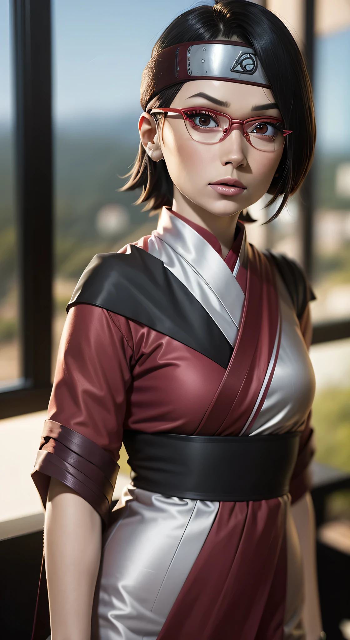 Imagem de Sarada Uchiha com Sharingan ativado, vestindo um kimono vermelho de gola alta sem mangas em estilo realista. Create a detailed depiction of Sarada Uchiha in a dark and stormy environment, com raios iluminando a paisagem. Highlight Sarada's determined expression, os detalhes do kimono vermelho e a intensidade do Sharingan em seus olhos. Add shading to give depth and realism to the image, Cinematic details, hiperdetalhados, insanos,  Lindamente colorido, Motor irreal, DOF, Super-Resolution, Megapixel, cinematographic lightning, antialiasing, FKAA, TXAA, RTX, SSAO, Post processing, post - production, Mapeamento de tons, .cgi, VFX, SFX, Insanamente detalhado e intrincado, Hiper perfeccionista, hyper realistic, volumático, fotorrealista, ultra fotorreal |, ultra-detalhado, detalhes intrincados, 8k, super detalhado, Colorido, Volumetric lightning, HDR, Realistic, Motor irreal, 16k, sharp focus, octan render