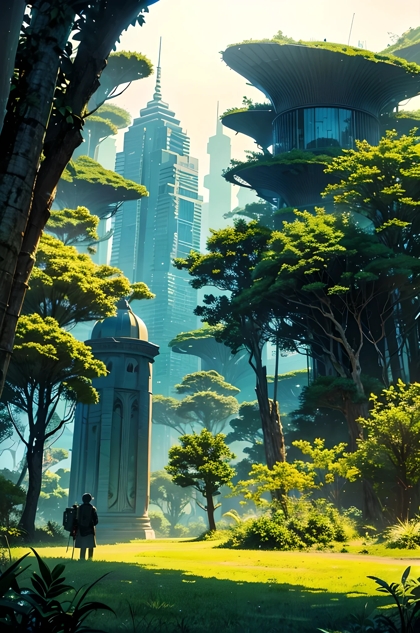 The skyline of a jungle planet in the black star system, detailed, intricate details, award winning, (masterpiece, best quality:1.4), 