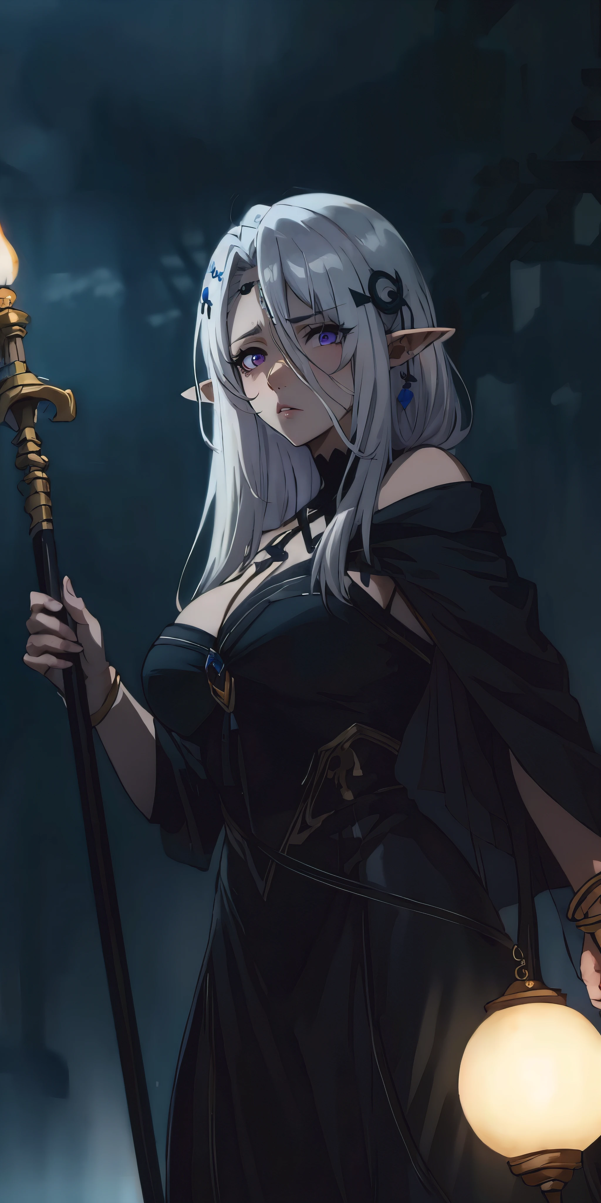 beatrix, white hair, long hair, elf, pointy ears, hair ornament, anatomically correct, best quality, masterpiece, high quality, high details, highres, HD, (shaded face:1.2), huge breasts, sagging breasts, staff, lips, bracelet, jewelry,  breasts, looking_at_viewer, standing, nose, black_dress, hair_over_shoulder, purple eyes, hollow eyes, lips, sad expression, gloomy expression,