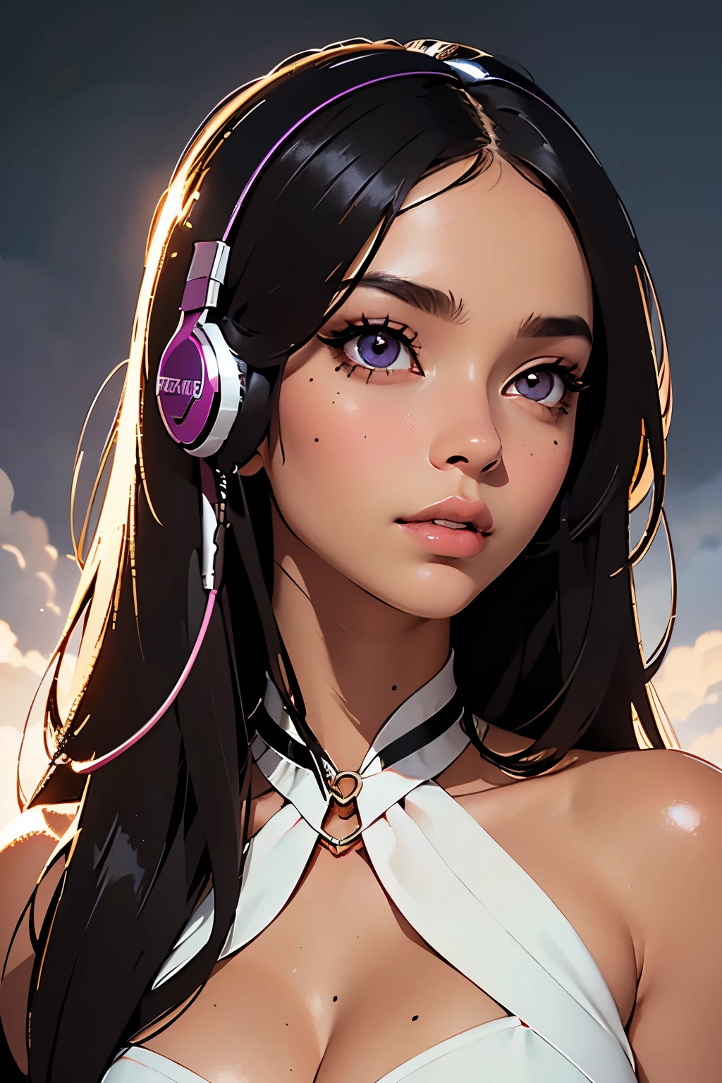 masterpiece, best quality, 1girl, melancholy lighting, quiet, calm, brightness, (illustration:1.05), (beautiful:1.05), (beautiful detailed eyes:1.05), (cinematic light:1.1), ((wearing headphones around neck)), ultra-detailed eyelashes, Ultra-detailed lips, beautiful shiny lips, ((glossy lips:1.3)), asymmetrical hair, ginger hair, dark-skinned female, dark skin, eyeshadow, jewelry, lips, long hair, looking at viewer, makeup, mole, mole under eye, nose, piercing, realistic, solo, stud earrings, pink eyes, clouds, anime, seductive, adult