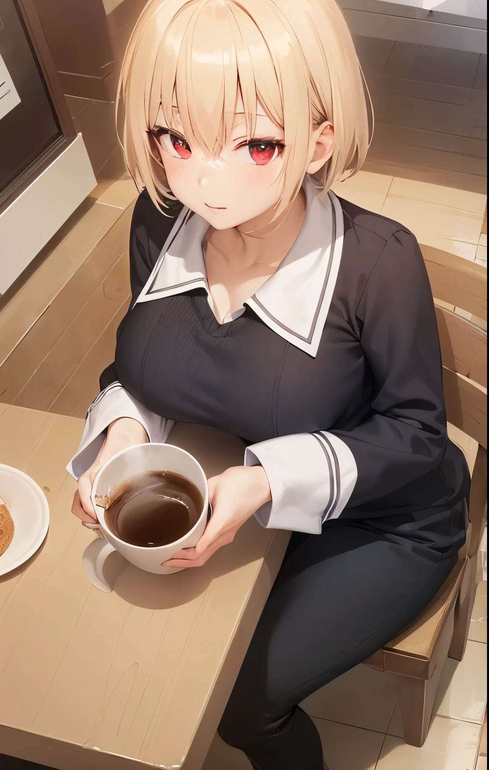 anime girl sitting at a table with a cup of coffee, drinking coffee, drinking a coffee, mysterious coffee shop girl, drinking a cup of coffee, morning coffee, portrait of morning coffee, hot coffee, sitting in a cafe, with a drink, is ((drinking a cup of tea)), detailed digital anime art, clean detailed anime art, smooth anime cg art (RED EYES)