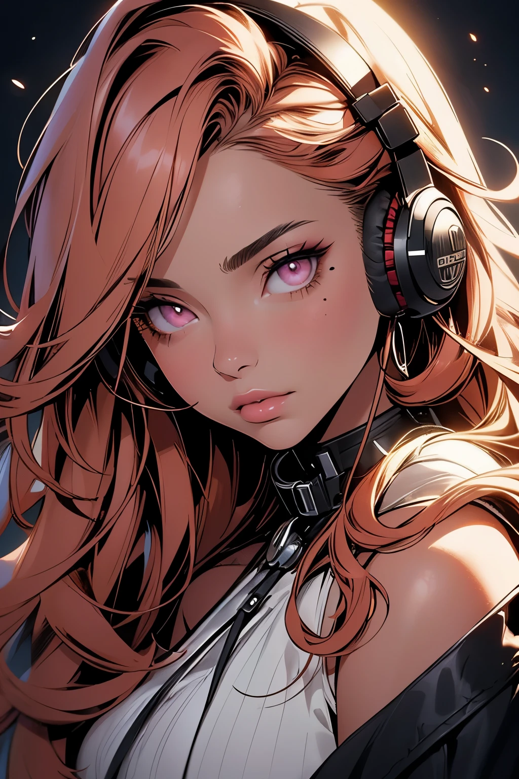 masterpiece, best quality, 1girl, melancholy lighting, quiet, calm, brightness, (illustration:1.05), (beautiful:1.05), (beautiful detailed eyes:1.05), (cinematic light:1.1), ((wearing headphones around neck)), ultra-detailed eyelashes, Ultra-detailed lips, beautiful shiny lips, ((glossy lips:1.3)), asymmetrical hair, ginger hair, dark-skinned female, dark skin, eyeshadow, jewelry, lips, long hair, looking at viewer, makeup, mole, mole under eye, nose, piercing, realistic, solo, stud earrings, pink eyes, clouds, anime, seductive, adult