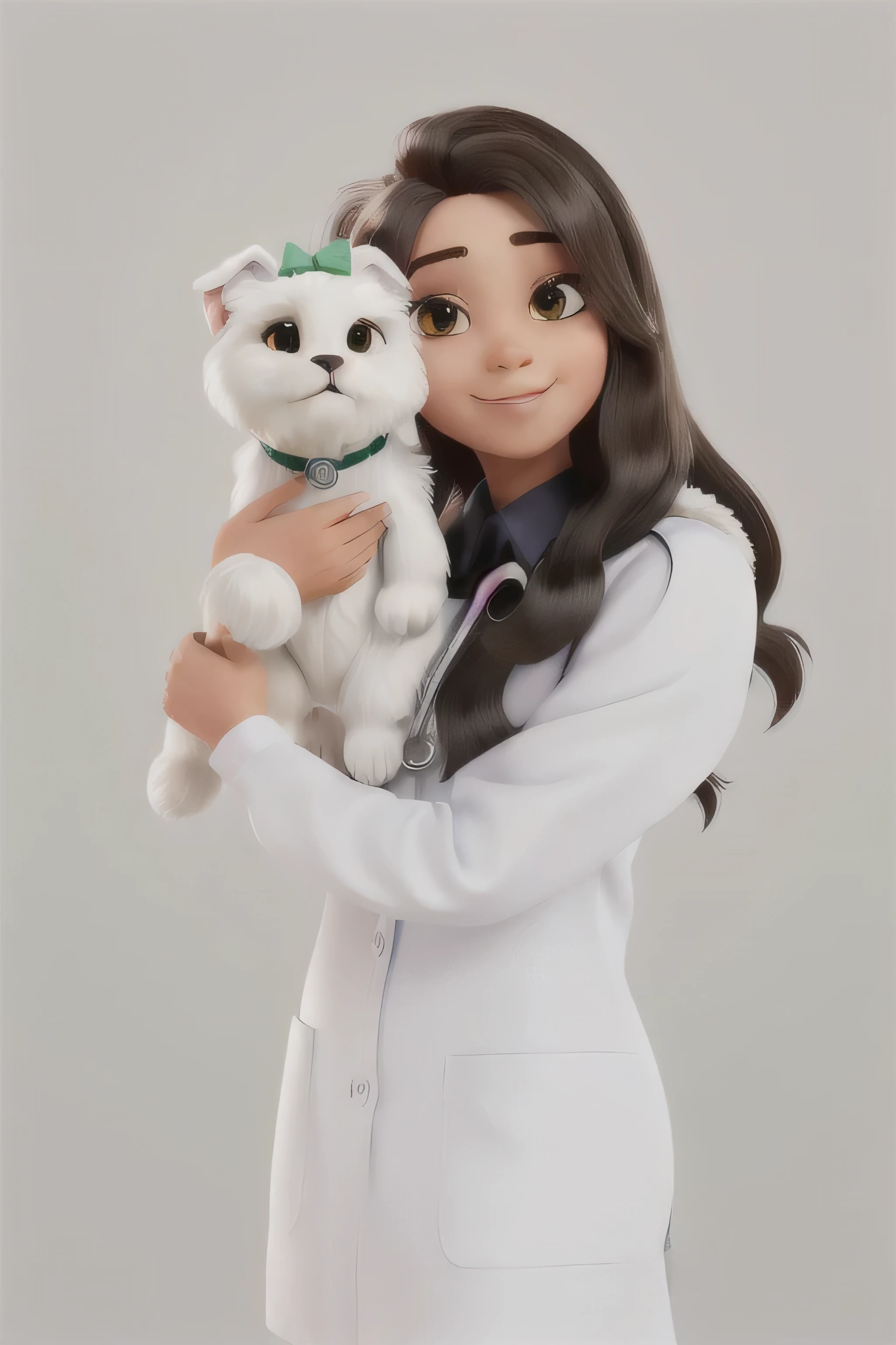 MULHER COM PELE BRANCA. CABELO LONGO CASTANHO ESCURO ONDULADO SOLTO. OLHOS PRETOS. BLUSA PRETA EMBAIXO DO JALECO BRANCO, with stethoscope, HOLDING A SMALL MALTESE DOG WITH SMOOTH WHITE FUR WITH A GREEN TIE AND TONGUE OUT. FUNDO BRANCO