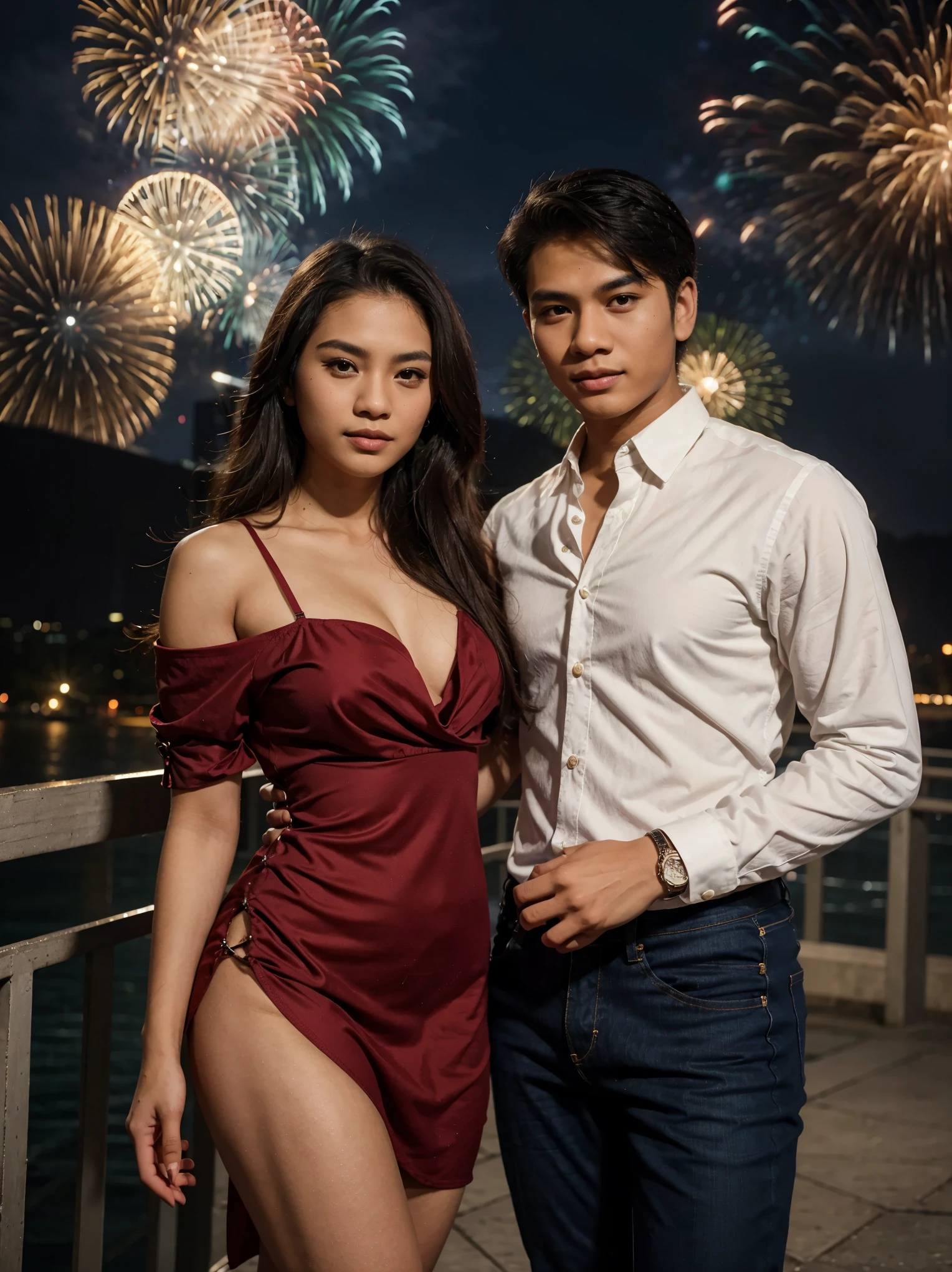 a handsome young Indonesian man with middle-parted hair, a shirt and jeans. took a photo together with a beautiful young Indonesian woman with long wavy hair dressed in an elegant mini dress. on a fireworks night