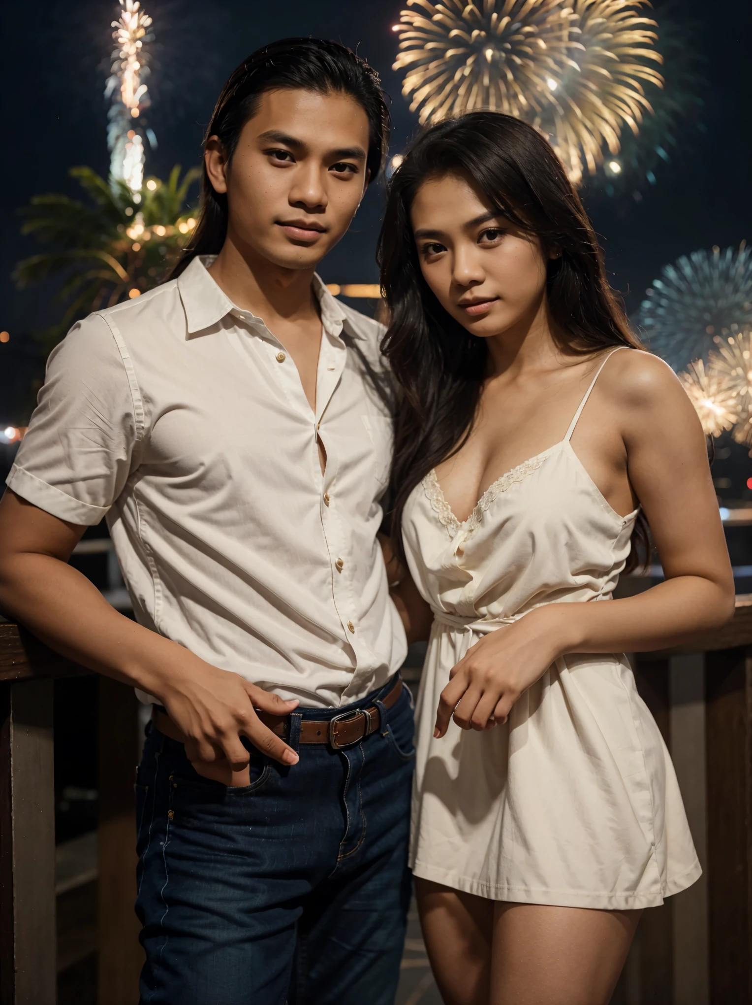 a handsome young Indonesian man with middle-parted hair, a shirt and jeans. took a photo together with a beautiful young Indonesian woman with long wavy hair dressed in an elegant mini dress. on a fireworks night