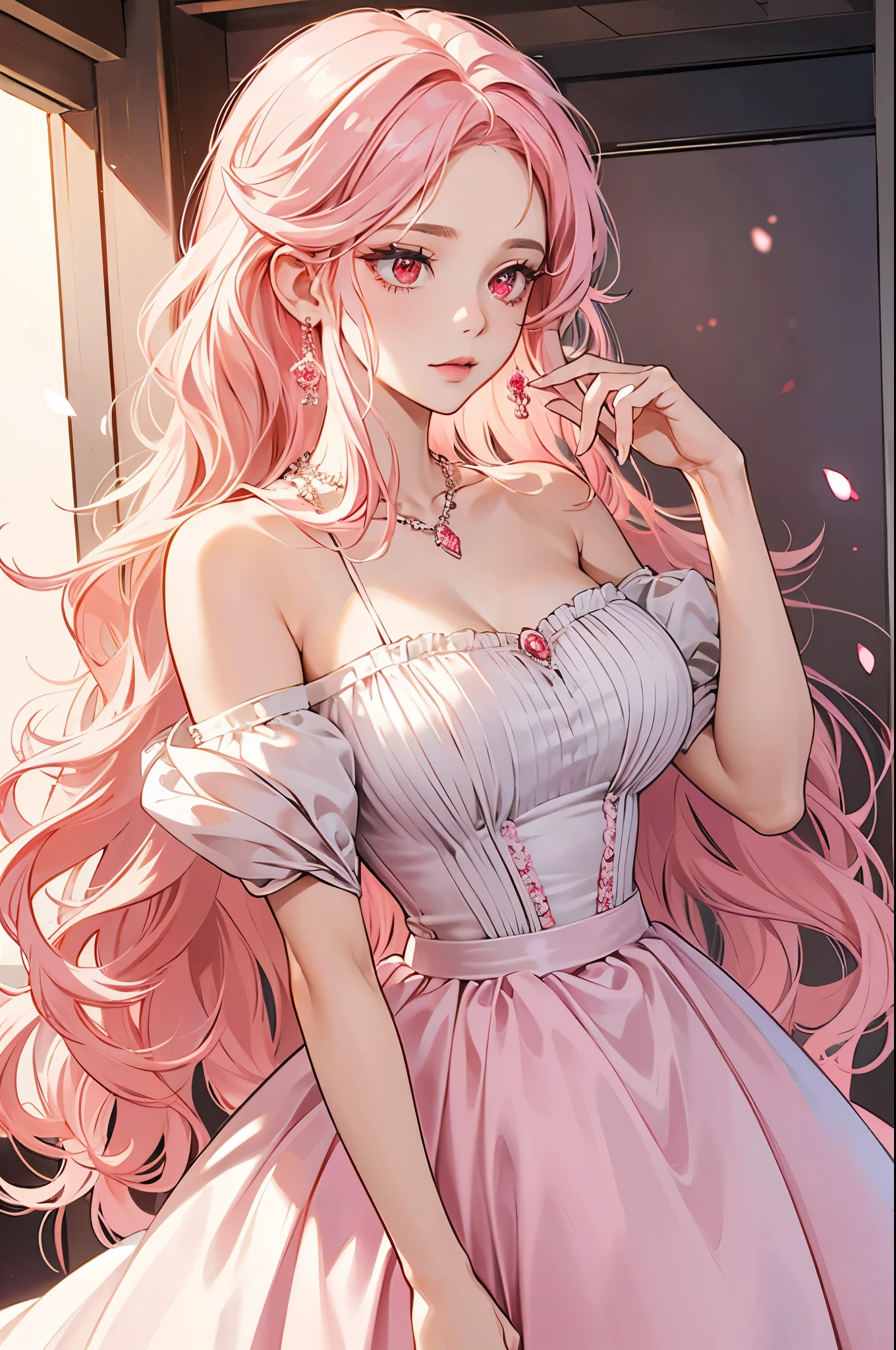 A princess, wavy long pink hair, red eyes, soft makeup, white and pink dress, big breasts, in a white estate, earring and necklace, red eye color