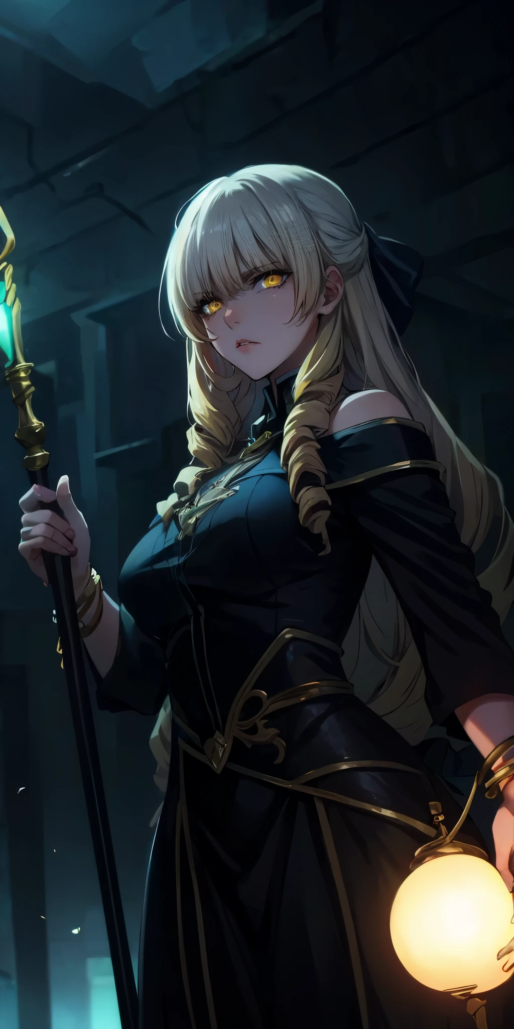 blonde hair, long hair, bow, drill hair, yellow eyes, anatomically correct, best quality, masterpiece, high quality, high details, highres, HD, (shaded face:1.2), huge breasts, sagging breasts, staff, lips, bracelet, jewelry,  breasts, looking_at_viewer, standing, nose, black_dress, hair_over_shoulder, golden eyes, hollow eyes, lips, sad expression, gloomy expression,