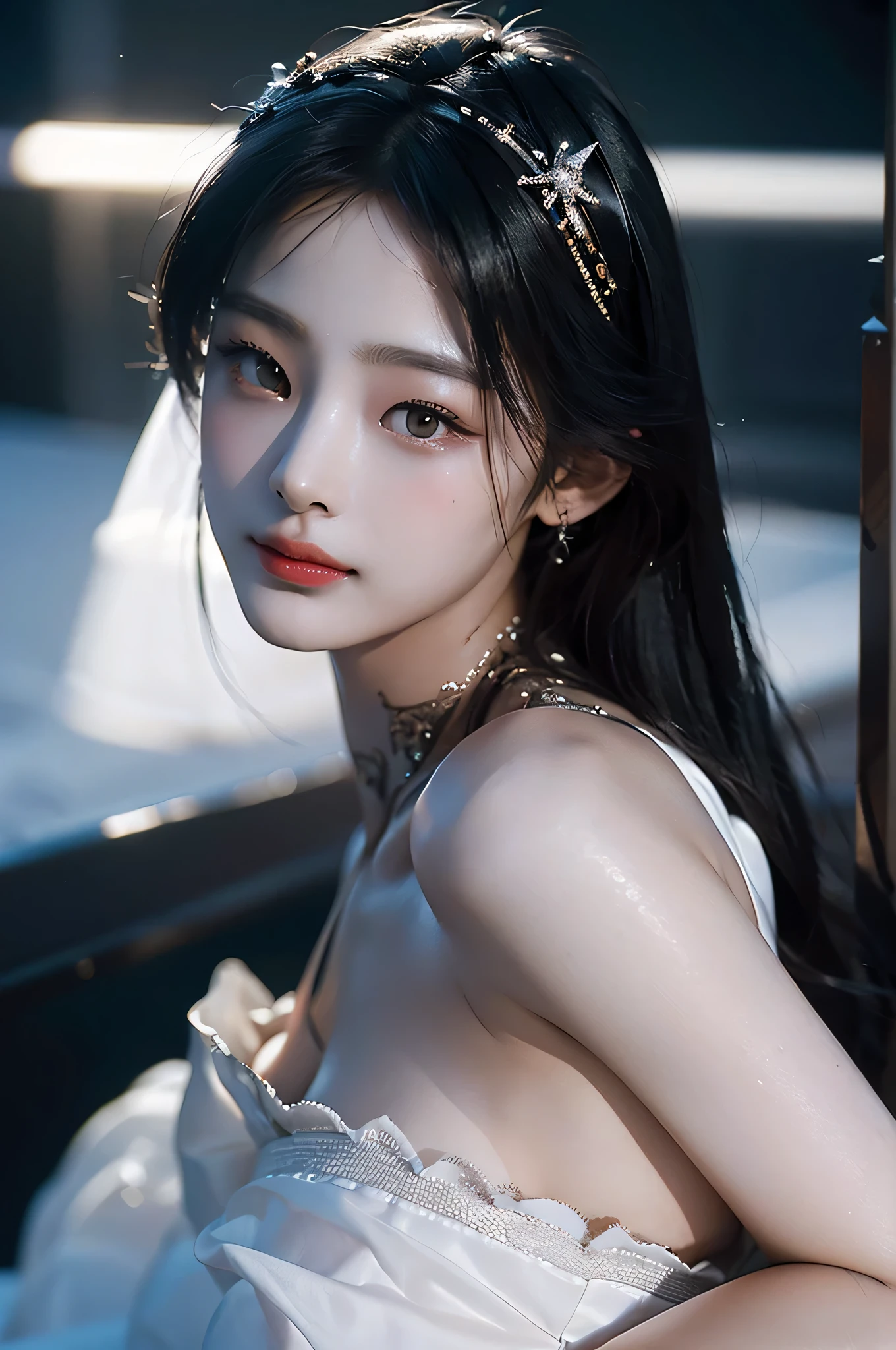 (highest image quality), (masterpiece), (vibrant, photography realistic, Realistic, Dramatic, Dark, Sharp focus, 8K), Close up Face, Highly detailed face and skin texture, sexy wedding dress, ethereal beauty, mature asian woman,black long hair, make up, sexy smile, nsfw ,Close up shot, ((backlight))