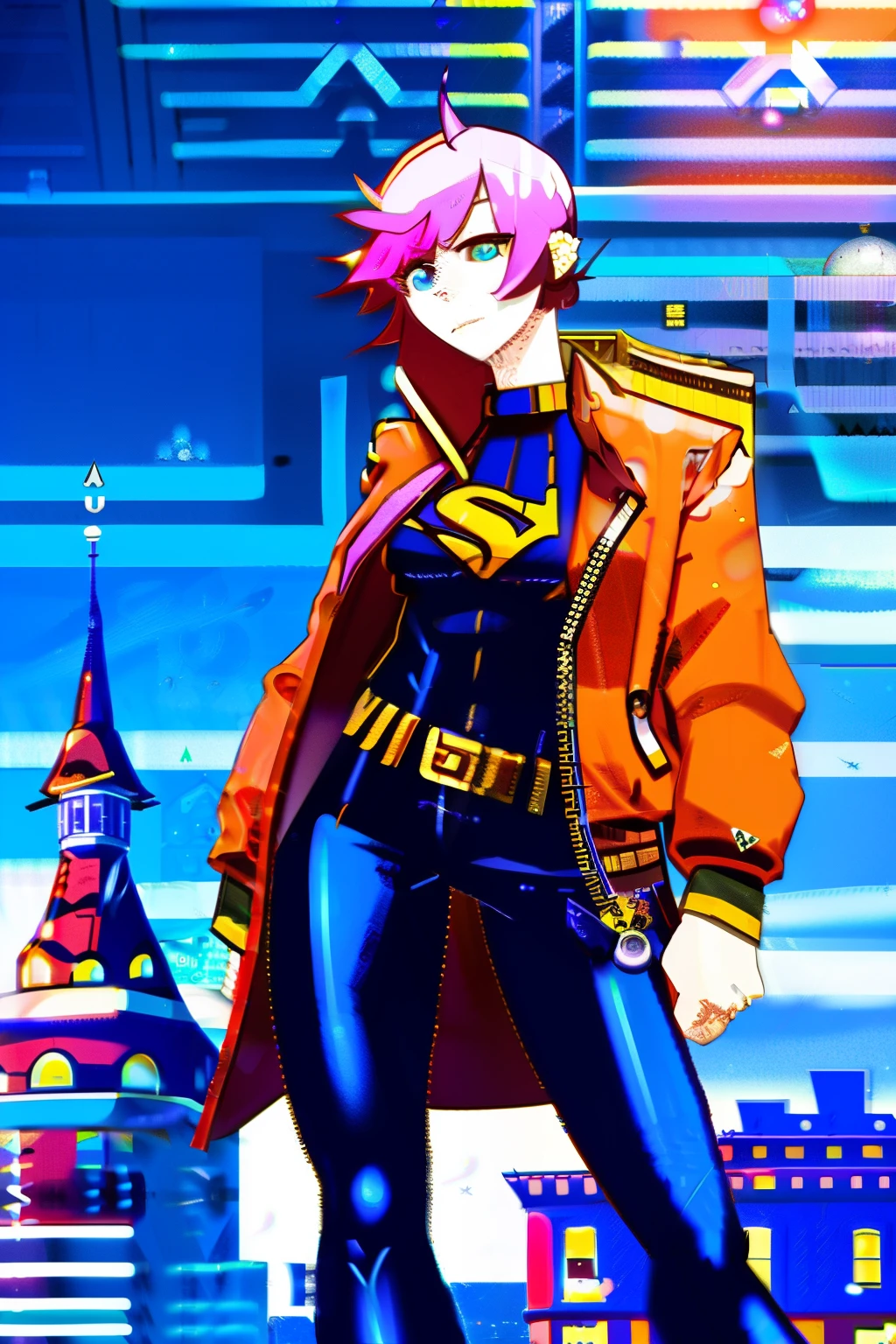 digital illustration, cinematic lighting, smooth, hyper-realistic, mfs shot, best quality, high detail, masterpiece, high quality, Russian winter streetwear, (midriff:1.3), bloom, film grain, detailed eyes, beautiful face, (skinny:1.2), (young female:1.3), city background