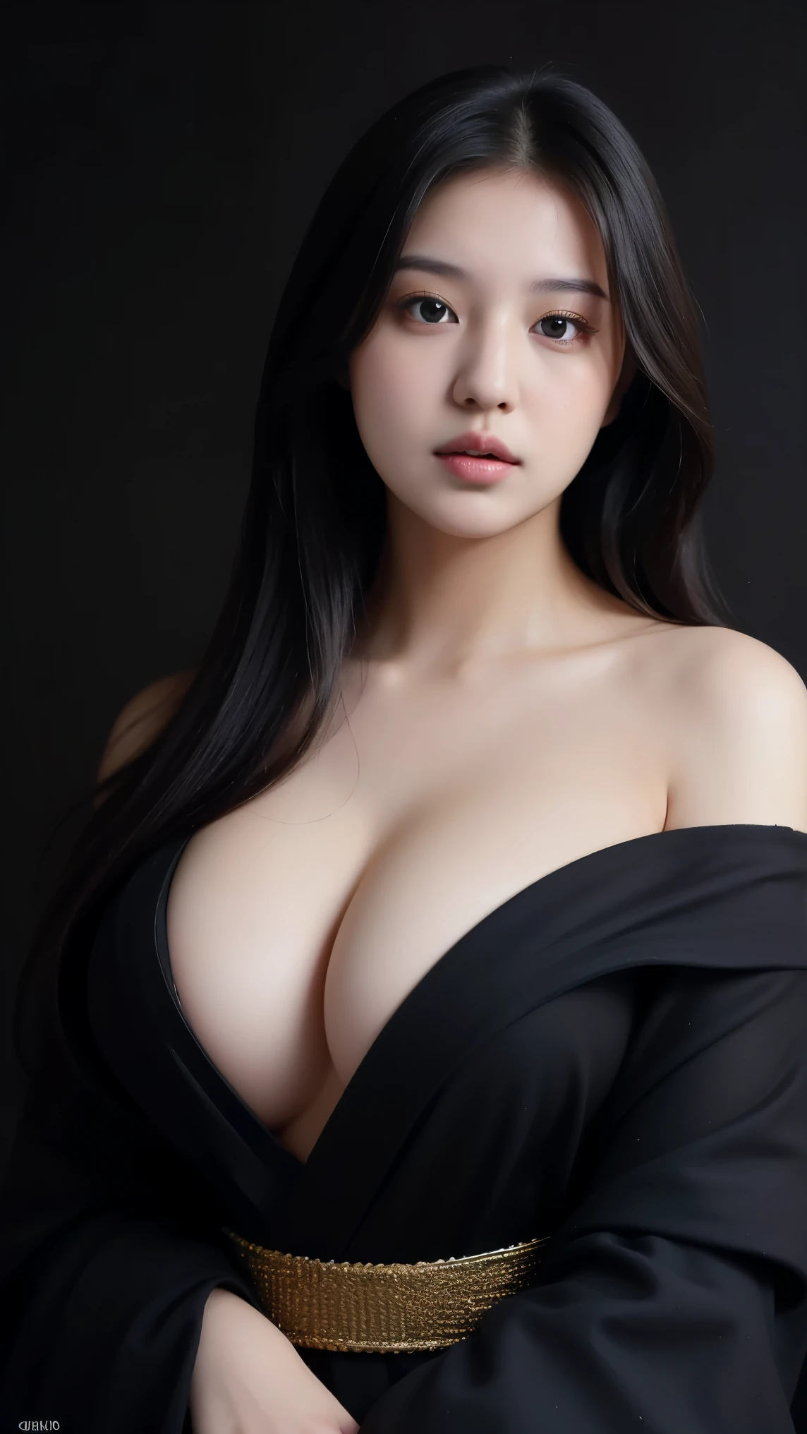 ((Best quality, 8k, Masterpiece :1.3)), Image of a Malay pretty girl superidol. Long black hair:1.3. (Beautiful Malay girl in kimono), ((black kimono)). Big breasts:1.3, close up cleavage. ((Bare shoulders _depth of field)), atmospheric perspective, Volumetric lighting, Clear focus, absurd resolution, Realistic proportions, Good anatomy, (realistic,Hyper-realistic:1.37), 16K HD, INFO. ((dark background)), ((black background))