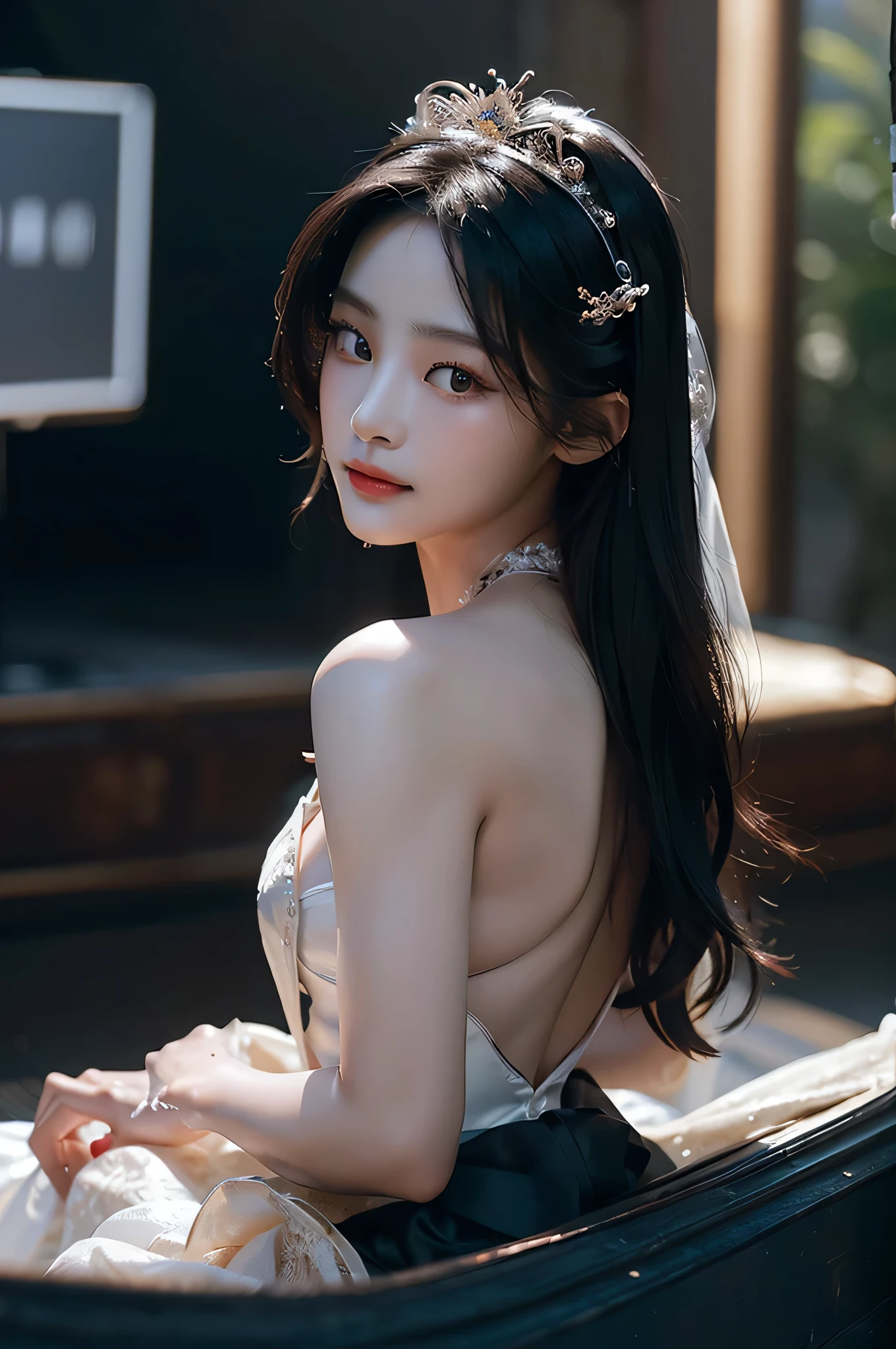 杰作，最高质量，独奏，（完美脸：1.1），（高细节：1.1），戏剧性，动态姿势，1girl，黑发，明亮有神美丽眼睛，独奏，精致有特色的俏脸，长发，弯曲，大腿，纤细高挑身材，粉嫩嘴唇，The Chinese cartoon goddess is depicted in a flowing nightdress, her long hair cascading down her back. She leans against the windowsill, her delicate hand resting on the frame as she gazes out at the night sky. The moon is full and bright, casting a soft glow over the scene. The goddess’s expression is one of serenity and contemplation as she takes in the beauty of the night. The scene is peaceful and serene, with the goddess appearing to be lost in thought as she watches the moon.
