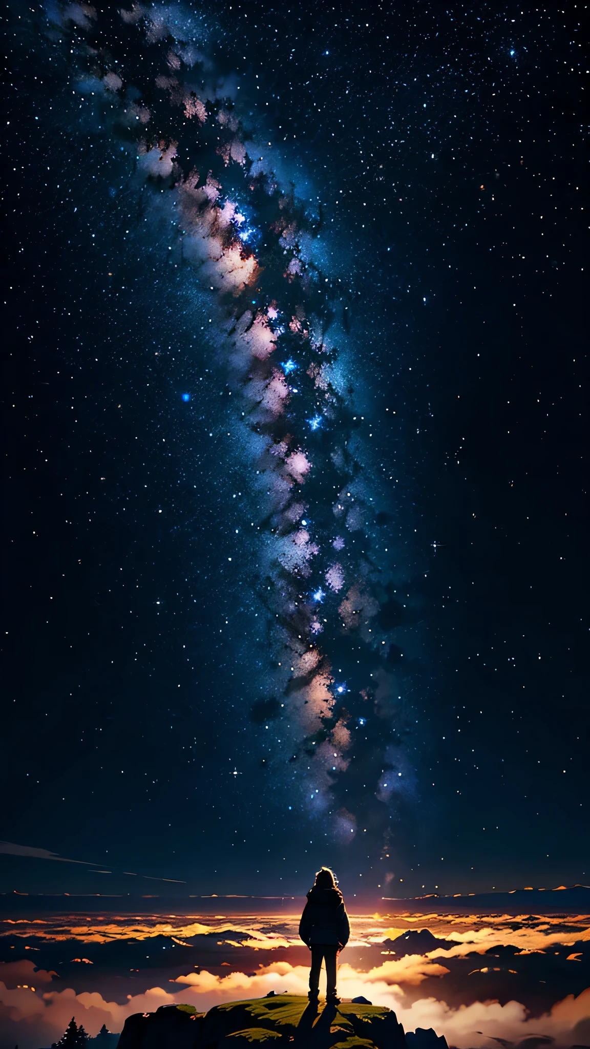 1menino, solo, standingn, outer space, estrela gigante, estrela brilhante, dim sky, roupas de nobre, roupa branca, roupa dourada, roupa preta, yggdrasil tree, giant tree, estrelas menores, (8k super detalhado), (obra-prima), ((obra-prima)), ((cinematic quality)).