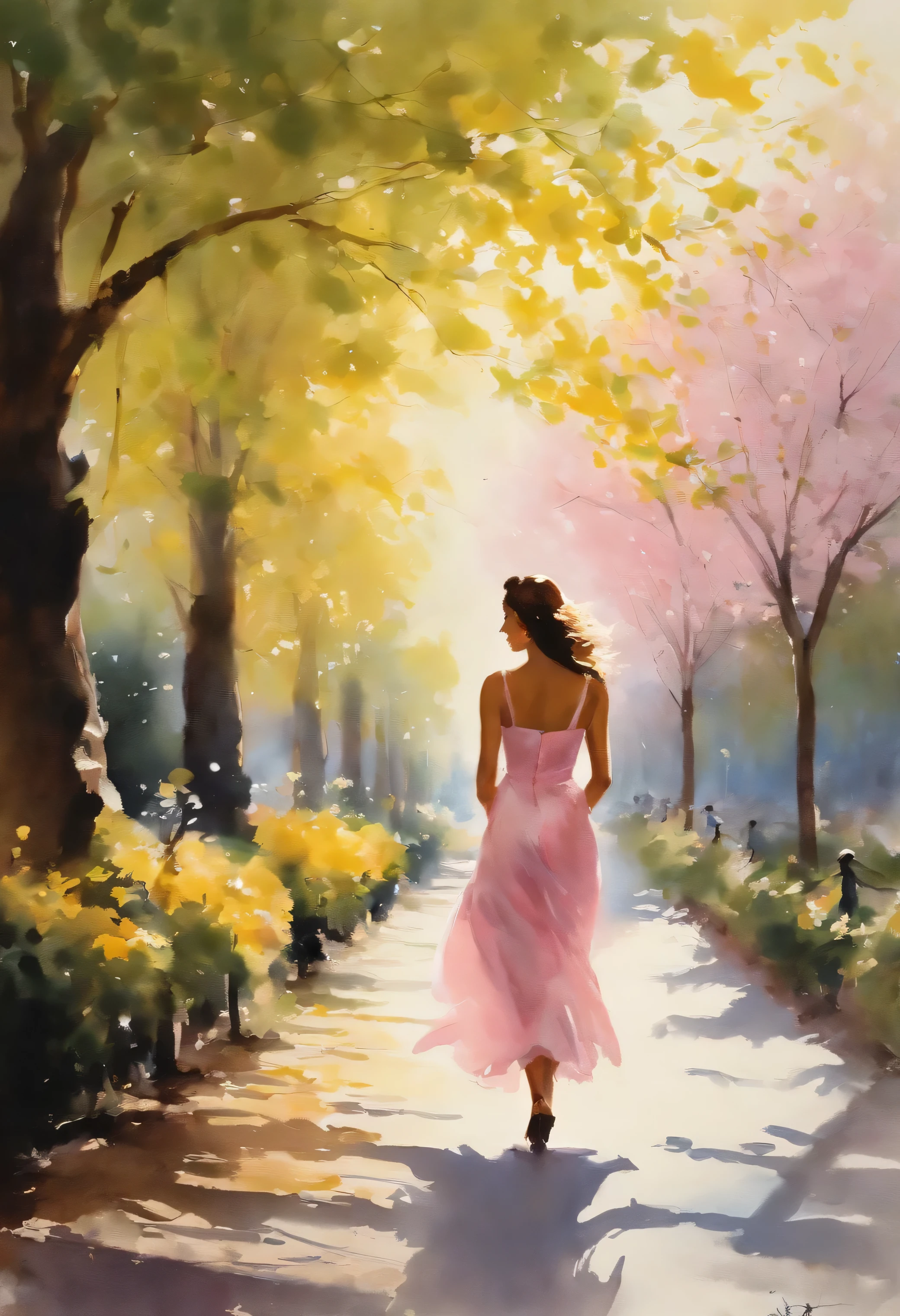 a silhouette of a woman in a dress walking, walking down a cherry blossom avenue and is possibly a painting or watercolor artwork, full body shape silhouette. It captures an outdoor scene on a narrow avenue during sunny bright weather, light pink and white and yellow and green and blue colors only, portrait by Willem Haenraets, watercolor, wet on wet and splattering techniques, centered, perfect composition, abstraction, surrealism