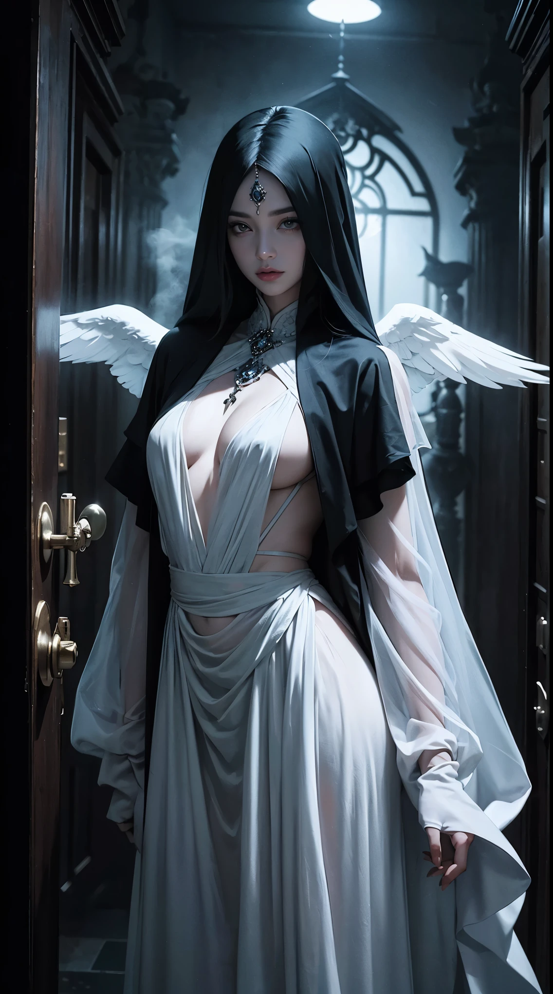 Striking illustration of the Angel of Death., A mysterious and ethereal figure who guards the threshold between life and death.. His presence is enigmatic and powerful...., con alas inmensas que se extienden hacia el horizonte y una mirada penetrante que transmite serenidad y temor. He uses cool tones and deep shadows to emphasize his ethereal nature and his connection to the realm of death......(dark lighting), ( ethereal lighting),(Spectral illumination)