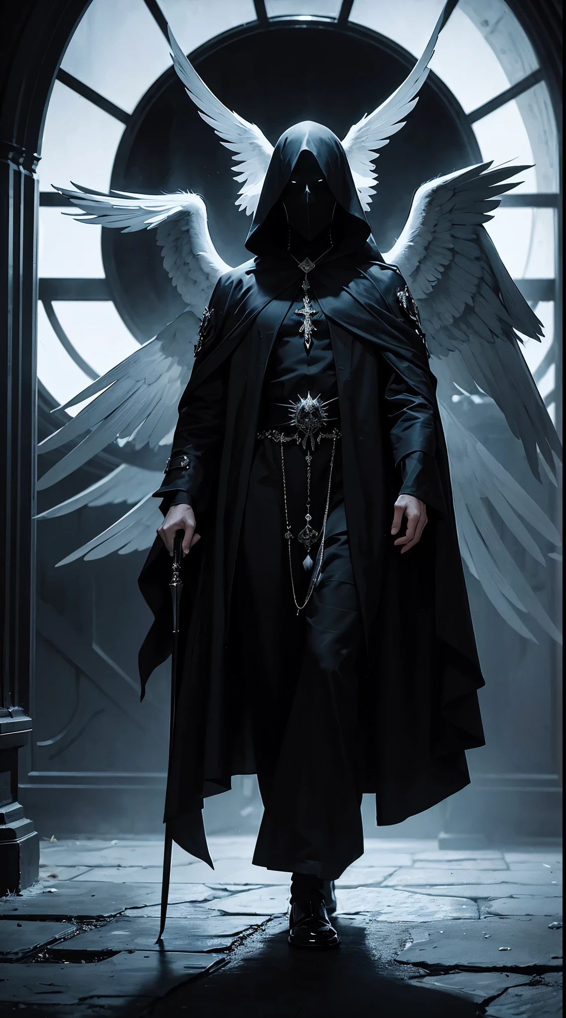 Striking illustration of the Angel of Death., A mysterious and ethereal figure who guards the threshold between life and death.. His presence is enigmatic and powerful...., con alas inmensas que se extienden hacia el horizonte y una mirada penetrante que transmite serenidad y temor. He uses cool tones and deep shadows to emphasize his ethereal nature and his connection to the realm of death......(dark lighting), ( ethereal lighting),(Spectral illumination)