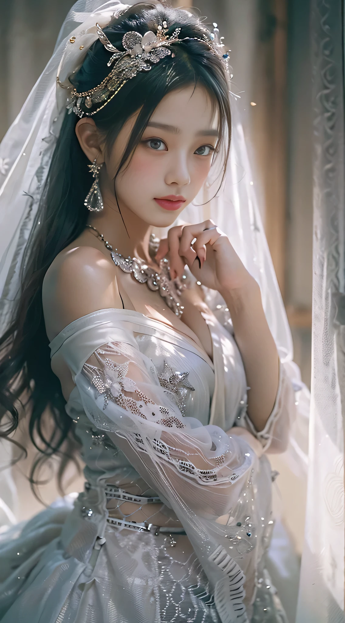 (highest image quality), (masterpiece), (vibrant, photography realistic, Realistic, Dramatic, Dark, Sharp focus, 8K), Highly detailed face and skin texture, sexy wedding dress, ethereal beauty, mature asian woman,black long hair, make up, sexy smile, nsfw ,close up, ((backlight))