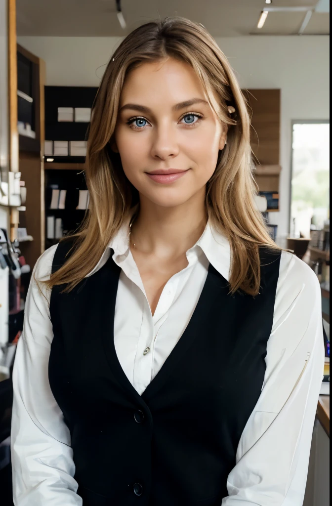 portrait realistic of a beautiful very young 40-year-old french girl, face camera, Fitness thin, with blond hair and striking grey blue eyes',clean face skin,soft face,fresh face white Skin color, tooth smile, Almond Eyes Style, Atractive Looking, dressed in hostess uniform, white blouse and black suit vest closed, holding and showing some notebooks in his hands, golden hour sunlight. The background in a stationery store.Soft spot Light in the back of her, Capture this image with a high-resolution photo using an 85mm lens for a nice perspective
