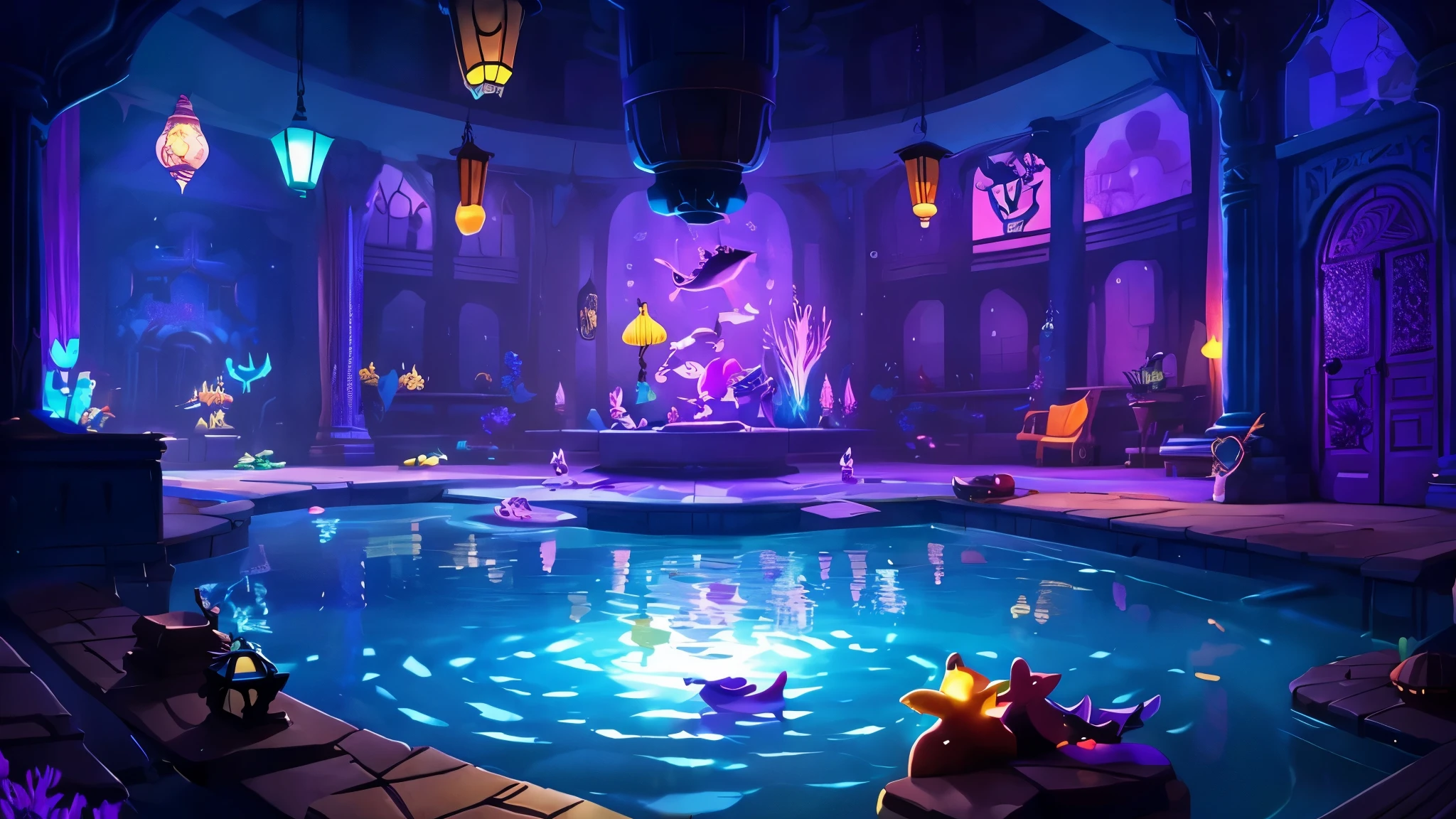 underwater temple。Purple。disney animation。Villains。dim。light shining in。Indoor view。lots of lamps。