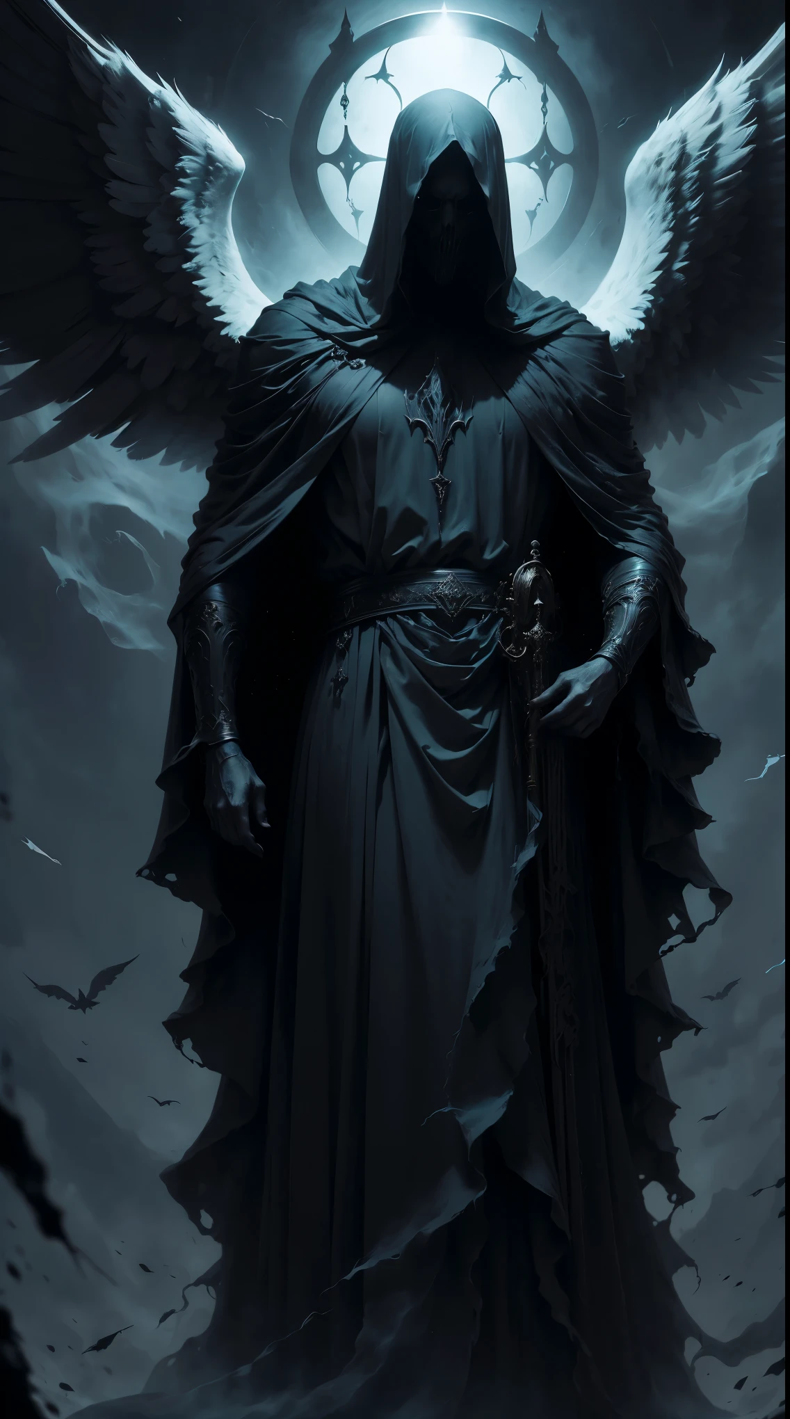 Striking illustration of the Angel of Death., A mysterious and ethereal figure who guards the threshold between life and death.. His presence is enigmatic and powerful...., con alas inmensas que se extienden hacia el horizonte y una mirada penetrante que transmite serenidad y temor. He uses cool tones and deep shadows to emphasize his ethereal nature and his connection to the realm of death......(dark lighting), ( ethereal lighting),(Spectral illumination)