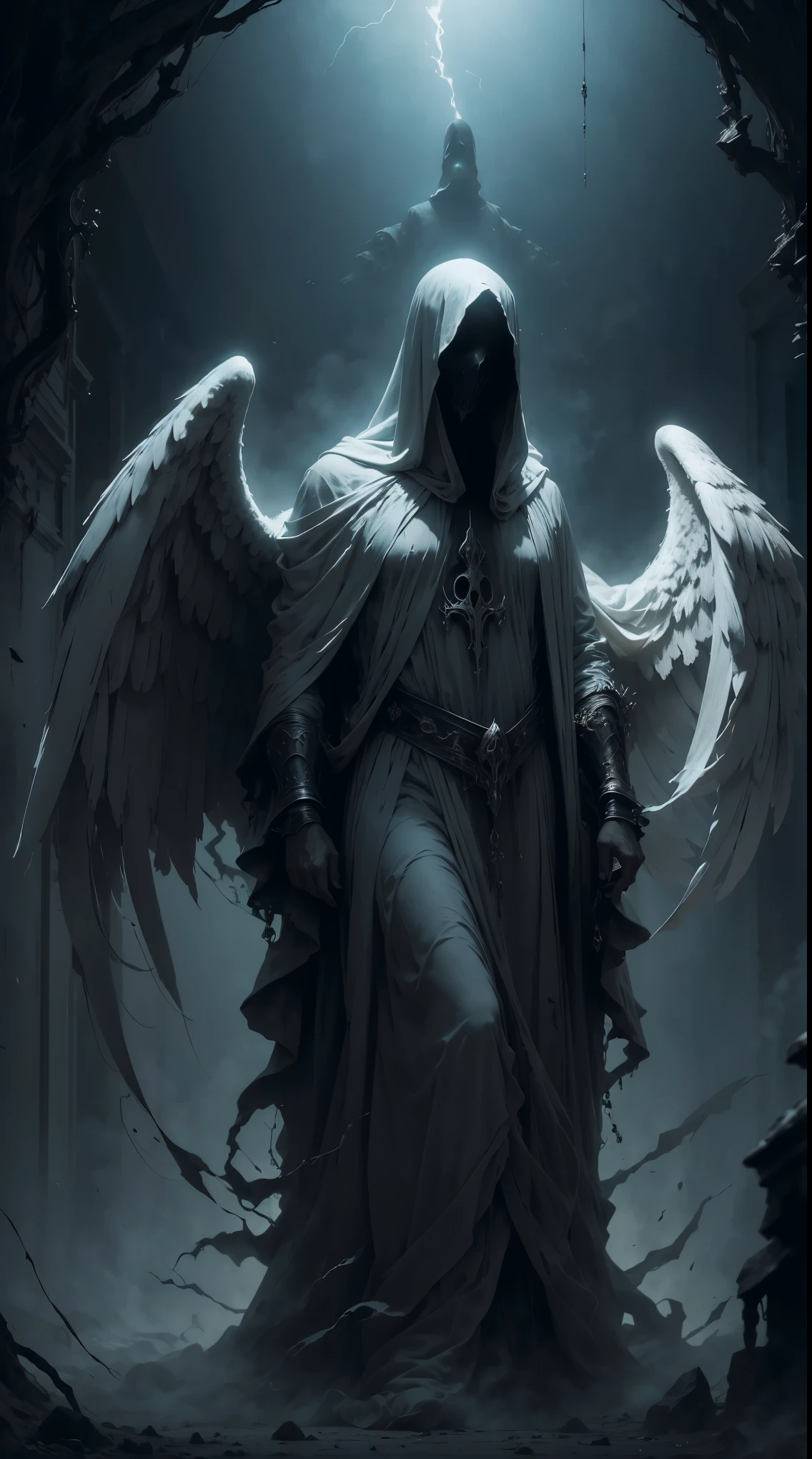Striking illustration of the Angel of Death., A mysterious and ethereal figure who guards the threshold between life and death.. His presence is enigmatic and powerful...., con alas inmensas que se extienden hacia el horizonte y una mirada penetrante que transmite serenidad y temor. He uses cool tones and deep shadows to emphasize his ethereal nature and his connection to the realm of death......(dark lighting), ( ethereal lighting),(Spectral illumination)