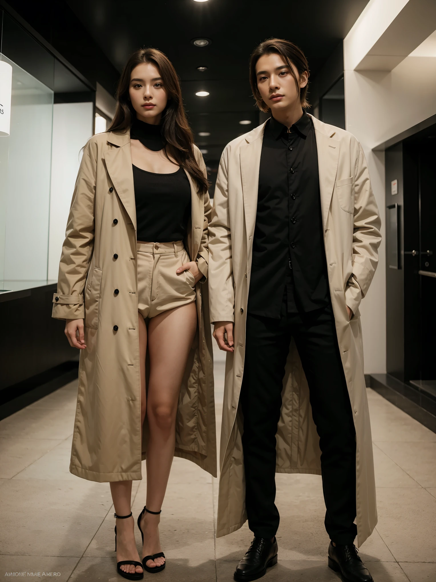 a man and a woman standing next to each other, an image, inspired by Adam Dario Keel, which is trending in the cg community, beautiful young Korean woman, long coat, movie screencap, model elisajes from acquamodels