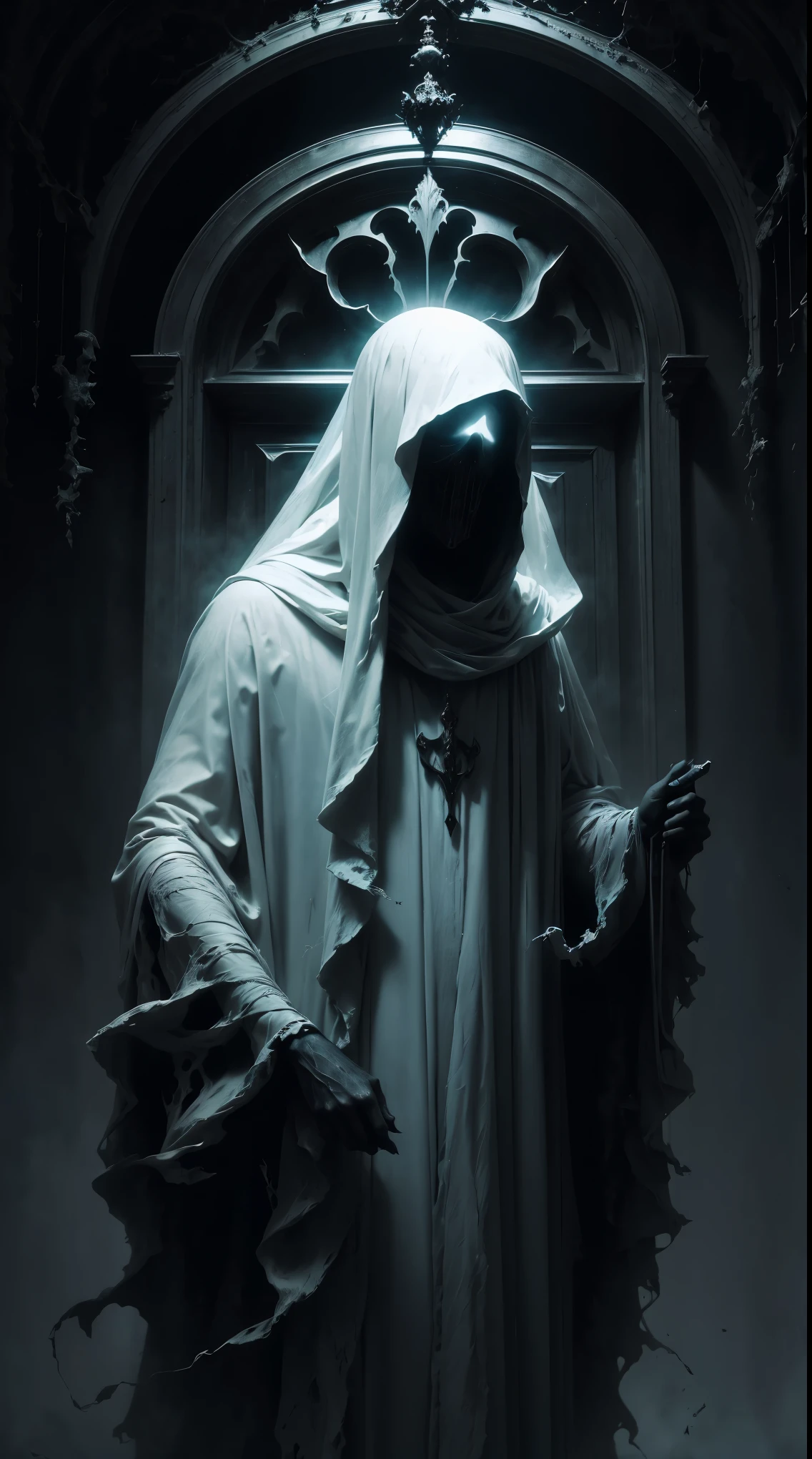 Striking illustration of the Angel of Death., A mysterious and ethereal figure who guards the threshold between life and death.. His presence is enigmatic and powerful...., con alas inmensas que se extienden hacia el horizonte y una mirada penetrante que transmite serenidad y temor. He uses cool tones and deep shadows to emphasize his ethereal nature and his connection to the realm of death......(dark lighting), ( ethereal lighting),(Spectral illumination)