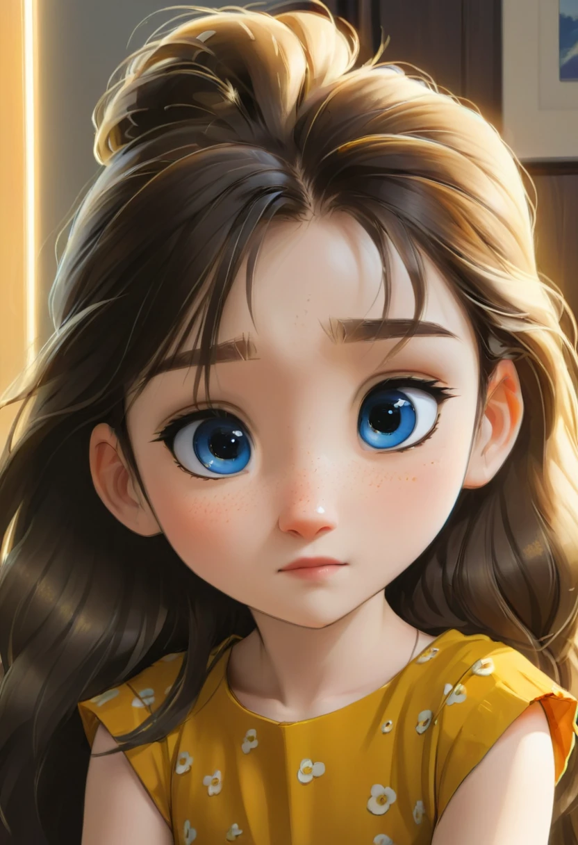 Close up of , small, cute, girl 8 years old, beautiful face, light eyes, full color, blue dress, long dark golden hair, freckles, Pixar cartoon character style in 3D, 4K, realistic , without outline, acrylic painting, trending on pixiv fanbox, palette knife and brush strokes, style of makoto shinkai jamie wyeth james gilleard edward hopper greg rutkowski studio ghibli genshin impact