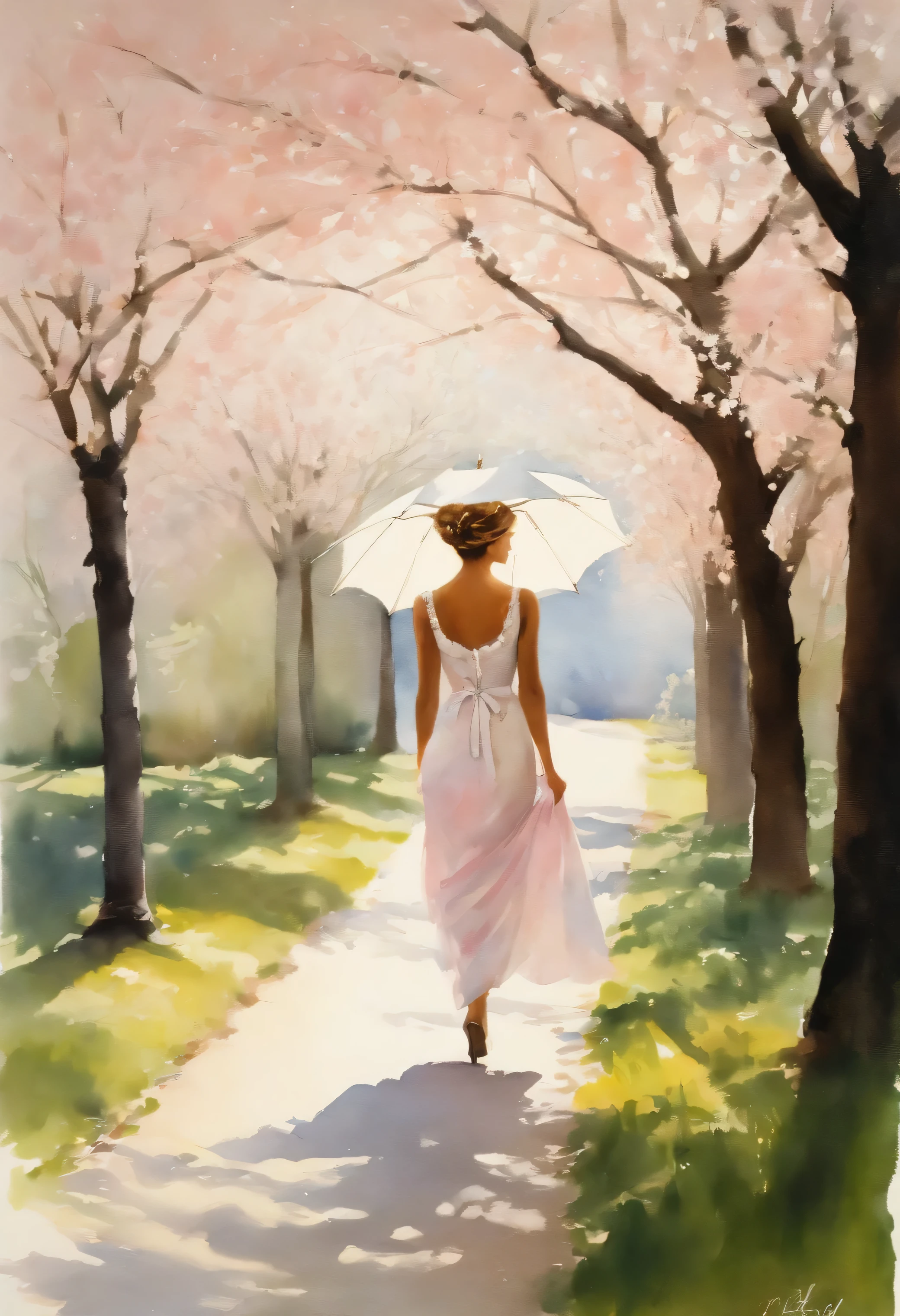 a silhouette of a woman in a dress walking and a white parasol, walking down a cherry blossom avenue and is possibly a painting or watercolor artwork, full body shape silhouette. It captures an outdoor scene on a narrow avenue during sunny bright weather, light pink and white and yellow and green and blue colors only, portrait by Willem Haenraets, watercolor, wet on wet and splattering techniques, centered, perfect composition, abstraction, surrealism
