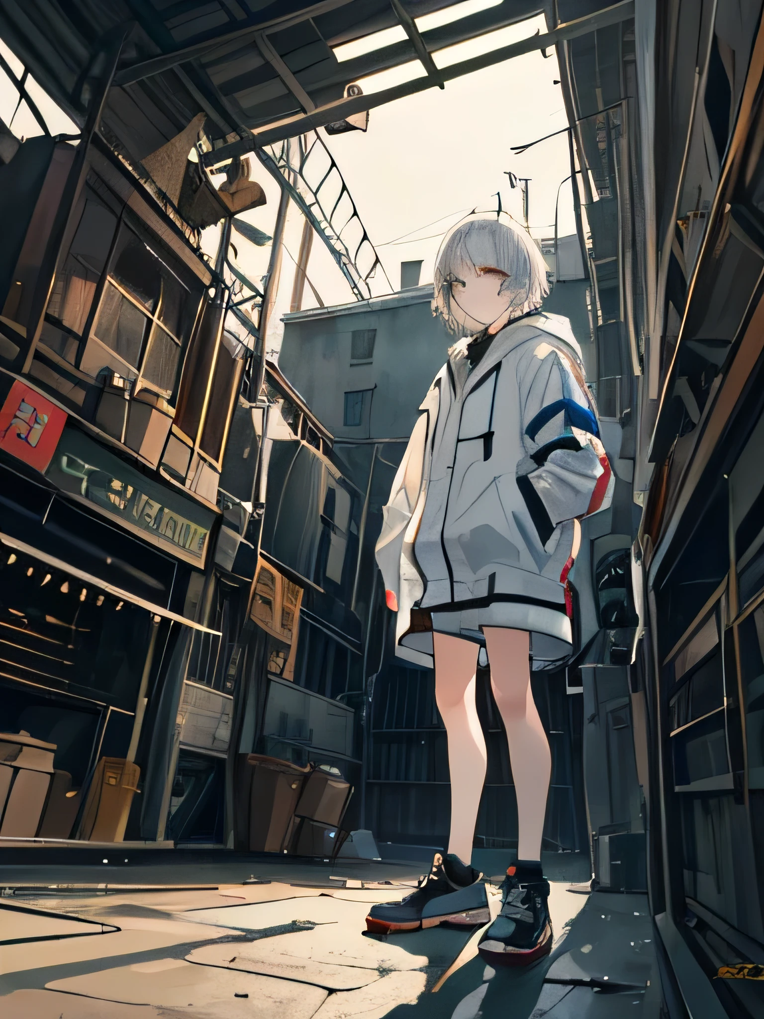 masterpiece, best quality, anime style, a sense of atmosphere，higher details，CG rendering，sitting painting，Ray tracing，science fiction，Award-winning，a sense of mystery，army, (white hair，Exquisite facial features，1 boy, alone, short hair white hair，straight hair，cold face，Black hooded sail jacket，A slight mention of Darth Vader，He is holding a cup of coffee, sports shoes，non-minor)（The background is a military base at night), (Front view:1.5), (whole body:1.5),