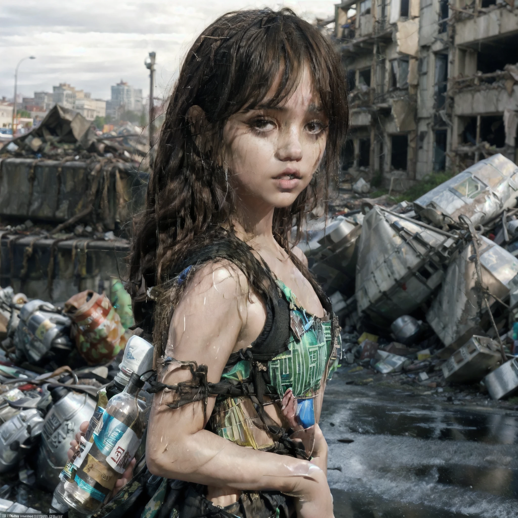 Pose and composition: The girl stands with a confident expression on her face, looking into the distance. Focus on the face and details of clothing, emphasizing her survival in difficult conditions. The background is ruined buildings and empty streets., adding an atmosphere of devastation. lighting: Use soft lighting to enhance the drama of the scene. Dramatic shadows and highlights can add depth and intrigue to an image. Additional elements: Place some survival attributes near the girl, such as a backpack or a bottle of water. Use the textures of destroyed buildings and landscapes to create an authentic post-apocalyptic environment.