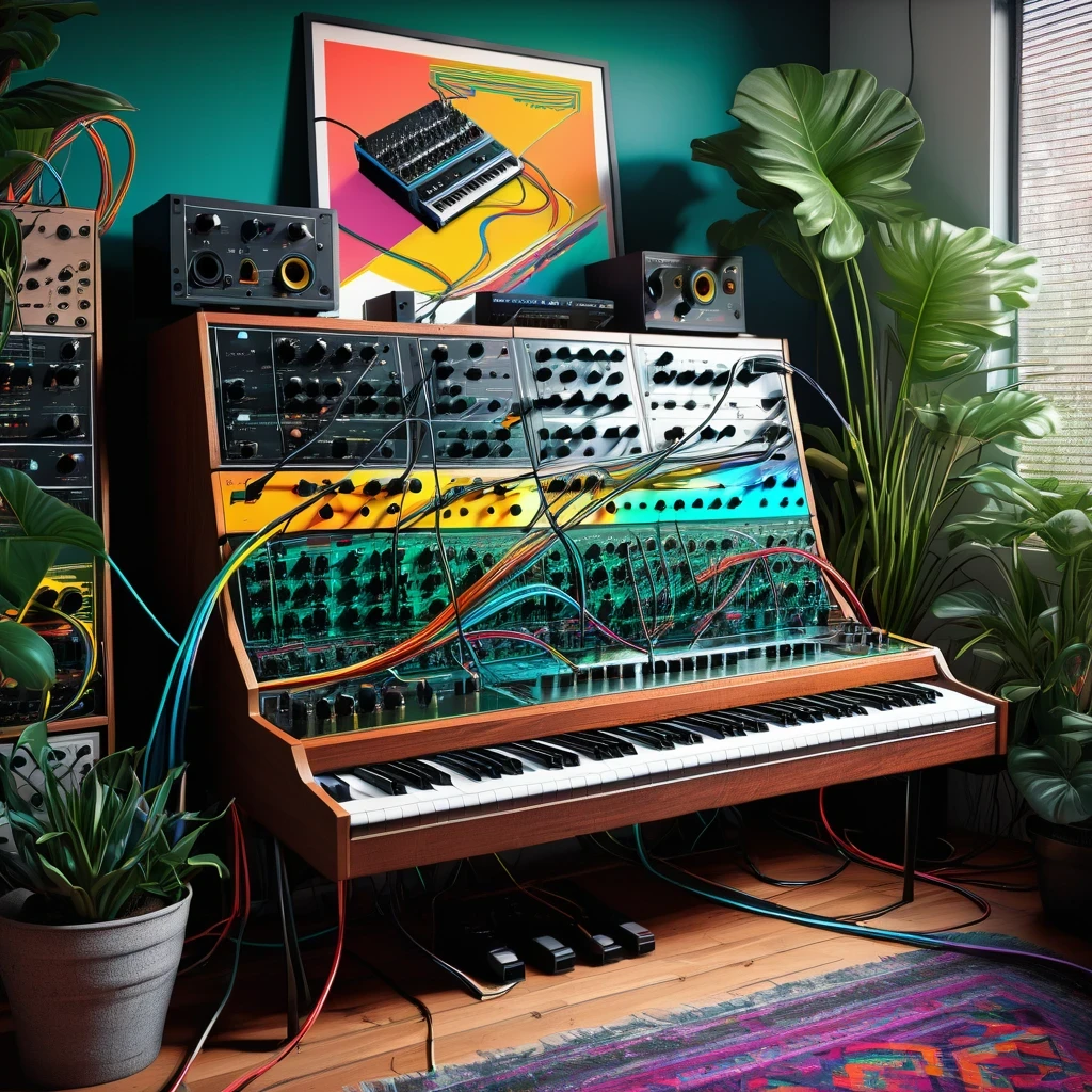 a comicbook illustration of a weird-shaped modular synthesizer brand system glitches with colored cables in a shady home studio room with a poster writed "system Glitches", best quality, highly detailed, masterpiece,trending on artstation, digital art, digital illustration, storybook illustration,