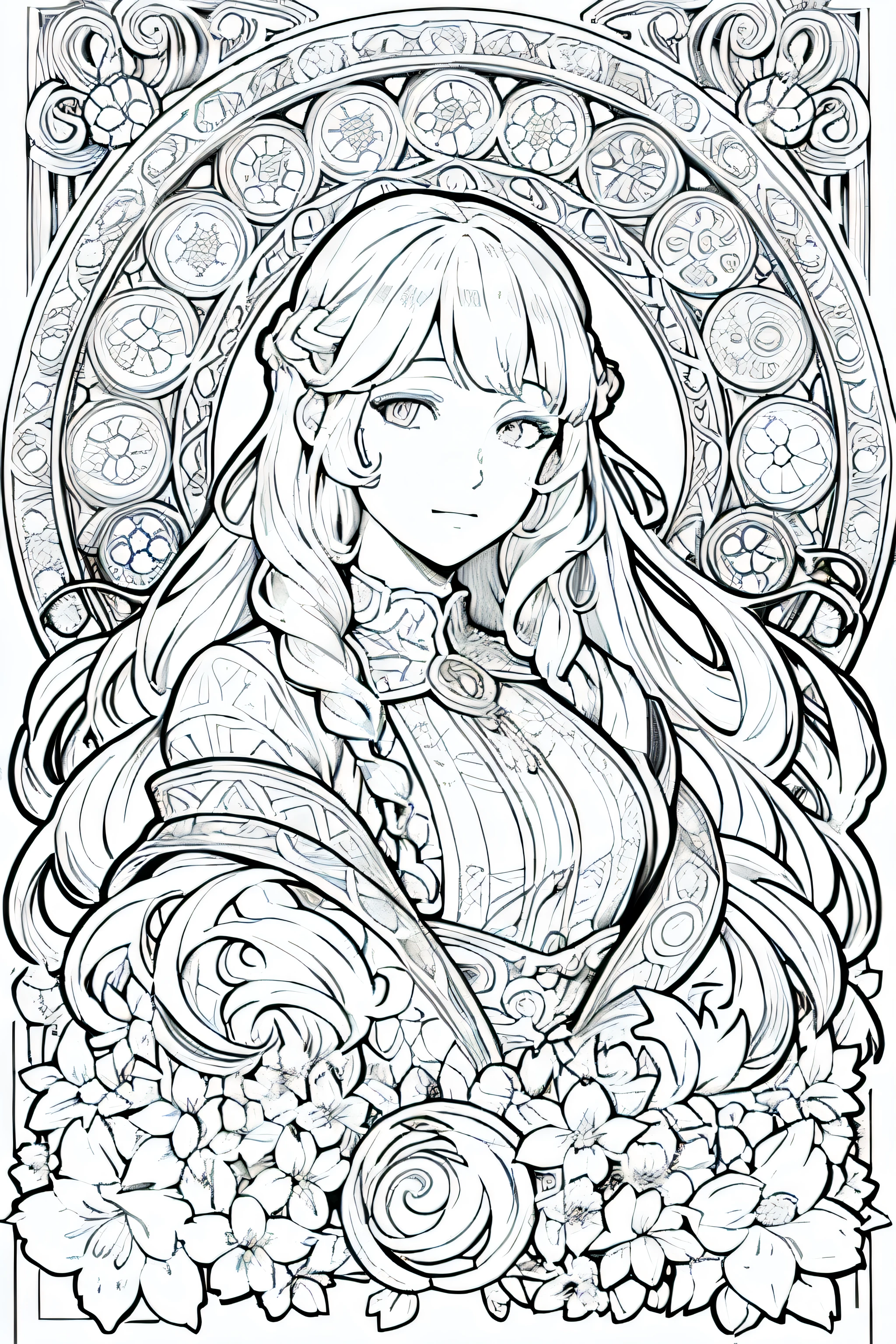 European women's face portrait, long curly hair, blonde, floral frame, decorative panel, abstract
Art by Alphonse Mucha, sketch, character lines and scenes without colors and shadowasterpiece, Best Quality, Highres:1.4), Detailed, Intricate Details, 4K, color splashes, line art, fibonacci,