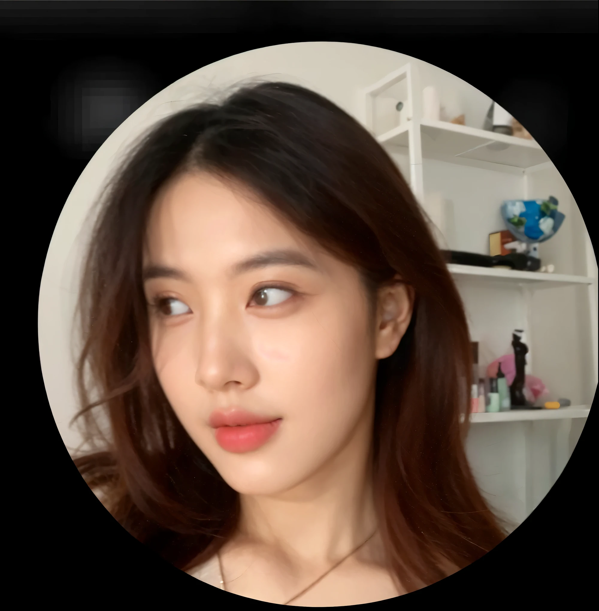 there is a woman with long hair and a necklace on, with round face, small round face, face with artgram, korean face features, full round face, korean symmetrical face, soft round face, with a round face, with round cheeks, round cute face, young adorable korean face, 8k selfie photograph, wan adorable korean face, round - face