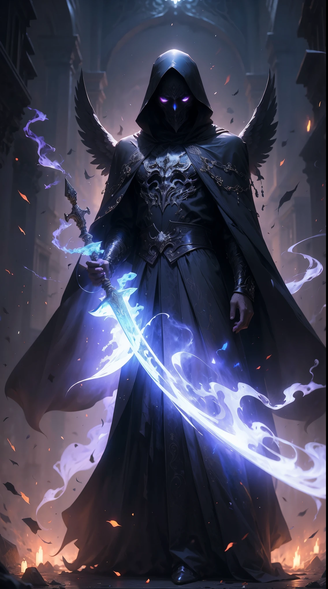 Striking illustration of the Angel of Death., A mysterious and ethereal figure who guards the threshold between life and death.. His presence is enigmatic and powerful...., con alas inmensas que se extienden hacia el horizonte y una mirada penetrante que transmite serenidad y temor. He uses cool tones and deep shadows to emphasize his ethereal nature and his connection to the realm of death......(dark lighting), ( ethereal lighting),(Spectral illumination)