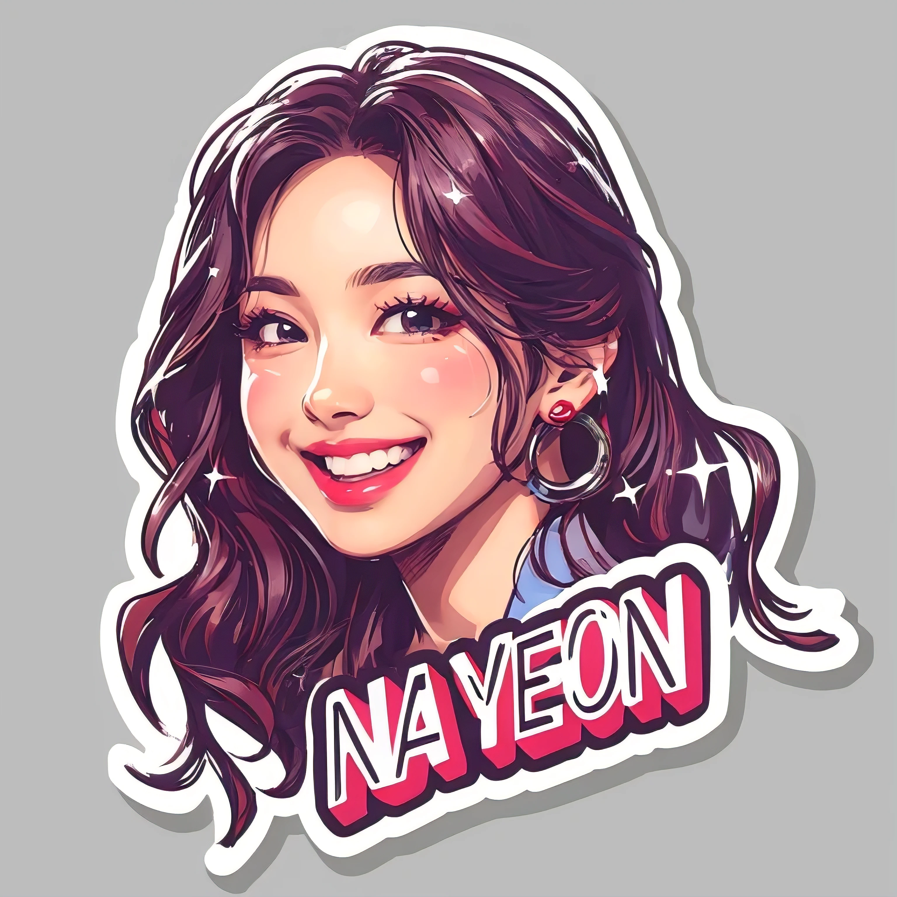 (best quality, masterpiece:1.2), a sticker with a smiling woman with the word "NAYEON", cartoon style, kpop, simple lines