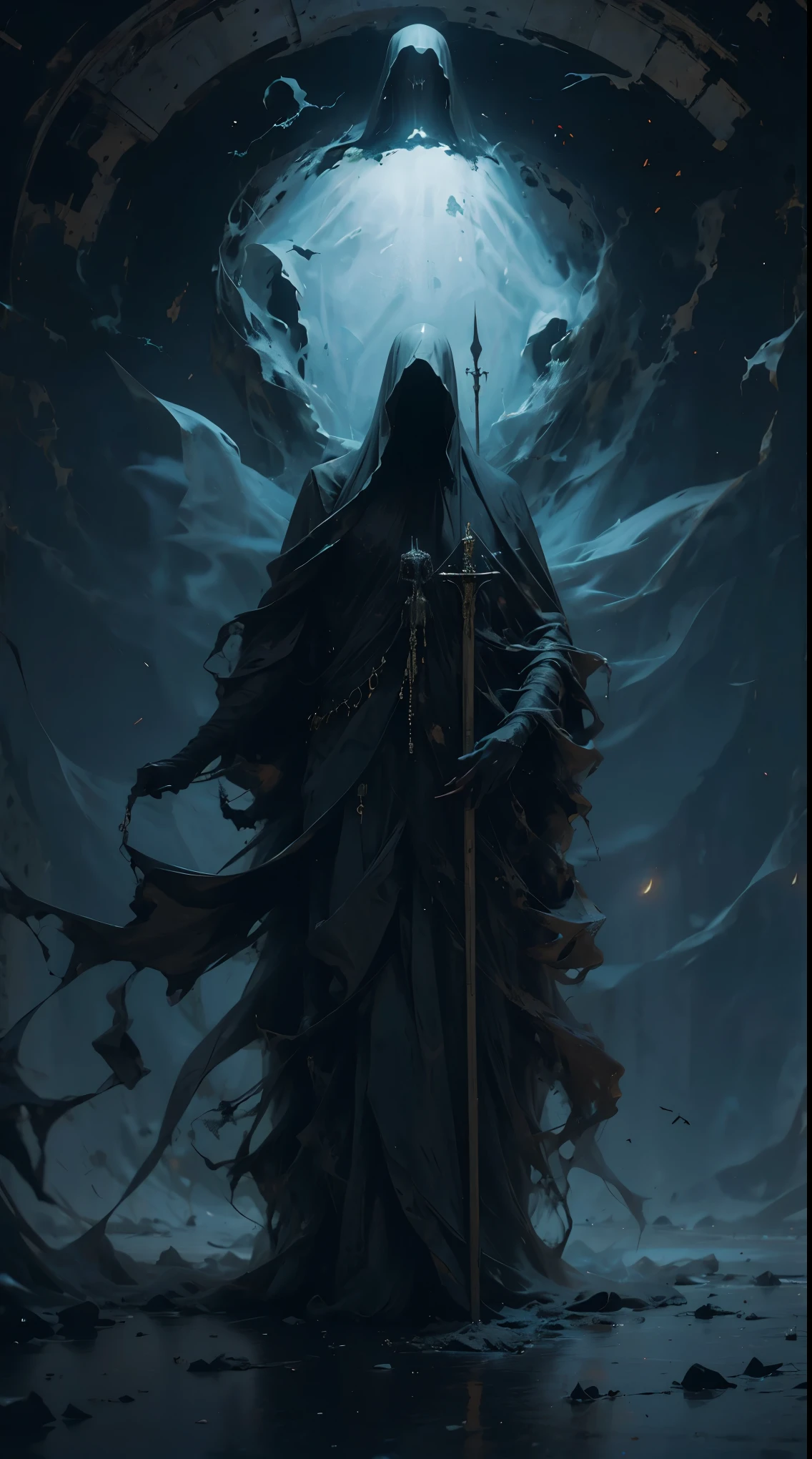 Striking illustration of the Angel of Death., A mysterious and ethereal figure who guards the threshold between life and death.. His presence is enigmatic and powerful...., con alas inmensas que se extienden hacia el horizonte y una mirada penetrante que transmite serenidad y temor. He uses cool tones and deep shadows to emphasize his ethereal nature and his connection to the realm of death......(dark lighting), ( ethereal lighting),(Spectral illumination)