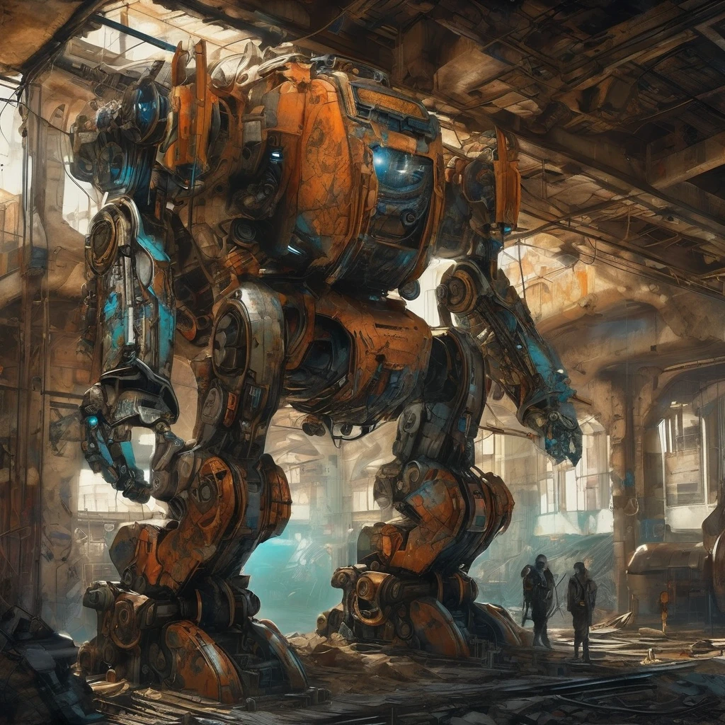 Abandoned Mech, aesthetic, extremely detailed, eye catching, drab, Jaeger_Pacific_Rim , schematic diagram ink on blueprint by Enki Bilal by Vladislav, biomechanical complex, hyperdetailed, intricate, mechanical, Scientific American illustration, Abandoned Robot :: decaying mech, ruins :: sunrise :: beautiful painting, highly detailed :: by Greg Rutkowski and Magali Villanueve, by Lee Jeffries, Alessio Albi, Adrian Kuipers :: ambient light, Nikon 15mm f/1.8G :: Professional photography, bokeh, natural lighting, shot on dslr  megapixels sharp focus, 8k resolution concept art by Greg Rutkowski dynamic lighting hyperdetailed intricately detailed Splash art trending on Artstation triadic colors Unreal Engine 5 volumetric lighting Alphonse Mucha WLOP Jordan Grimmer orange and teal, horror Gustave Doré Greg Rutkowski