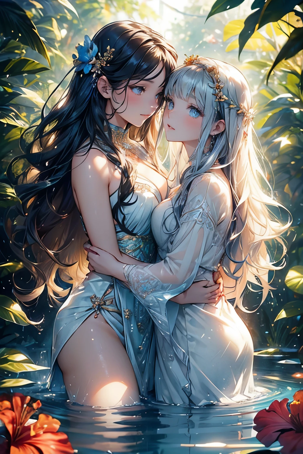 two women,detailed face,detailed eyes,sparkling dress,vibrant background,water element,cascading water drops,glowing lights,dreamy atmosphere,crystal-clear reflections,ethereal beauty,dramatic colors,gleaming jewels,soft and flowing lines,delicate details,wavy hair,subtle makeup,fair complexion,serene expression,focused gaze,lush greenery,sunlit garden,tranquil waterfalls,majestic hibiscus flowers,dancing butterflies,enchanted garden vibes,whispering breeze,sun-kissed skin,effortless grace,graceful movements,endless echoes of laughter,magical femininity,heavenly glow,exquisite elegance,fascinating charm,mystical aura,timeless beauty,enchanted moments,perfection in every stroke