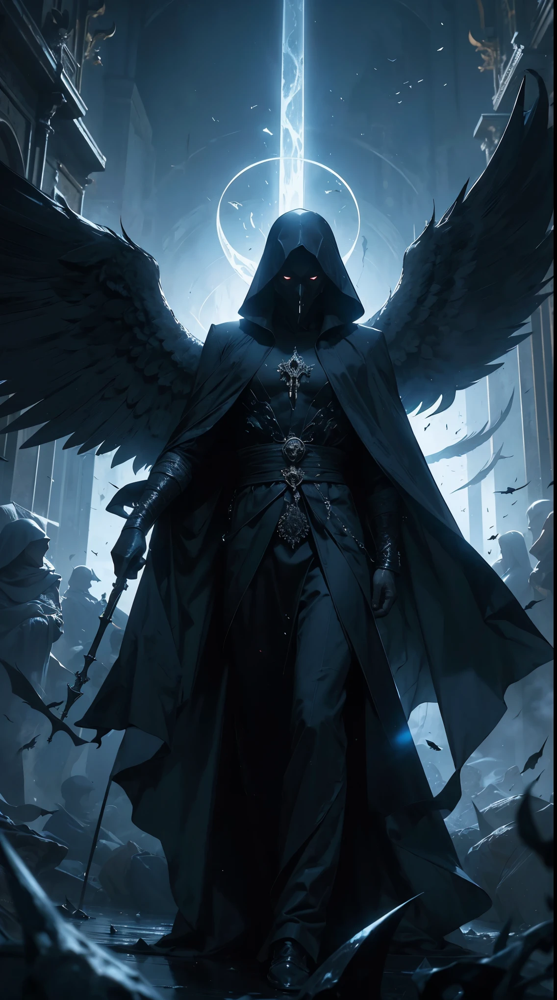Striking illustration of the Angel of Death., A mysterious and ethereal figure who guards the threshold between life and death.. His presence is enigmatic and powerful...., con alas inmensas que se extienden hacia el horizonte y una mirada penetrante que transmite serenidad y temor. He uses cool tones and deep shadows to emphasize his ethereal nature and his connection to the realm of death......(dark lighting), ( ethereal lighting),(Spectral illumination)