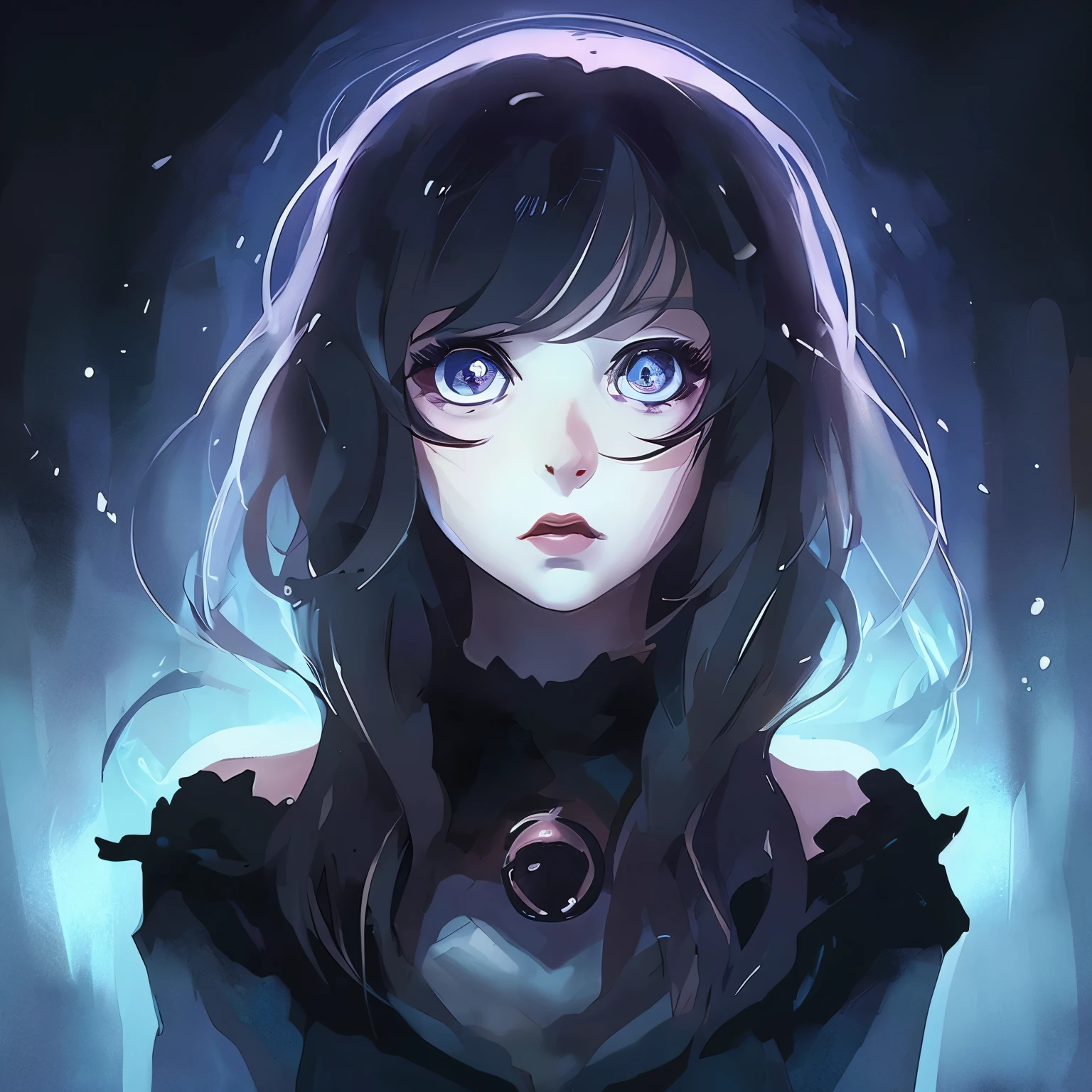(masterpiece,best quality,ultra-detailed),1girl, black hair,beautiful and detailed face, detailed eyes,looking at viewer, multicolored eyes,((grey theme),pale skin, glowing eyes ,in the sea,((night)),dark ambient,(underwater),(((in a forest underwater))),jellyfish