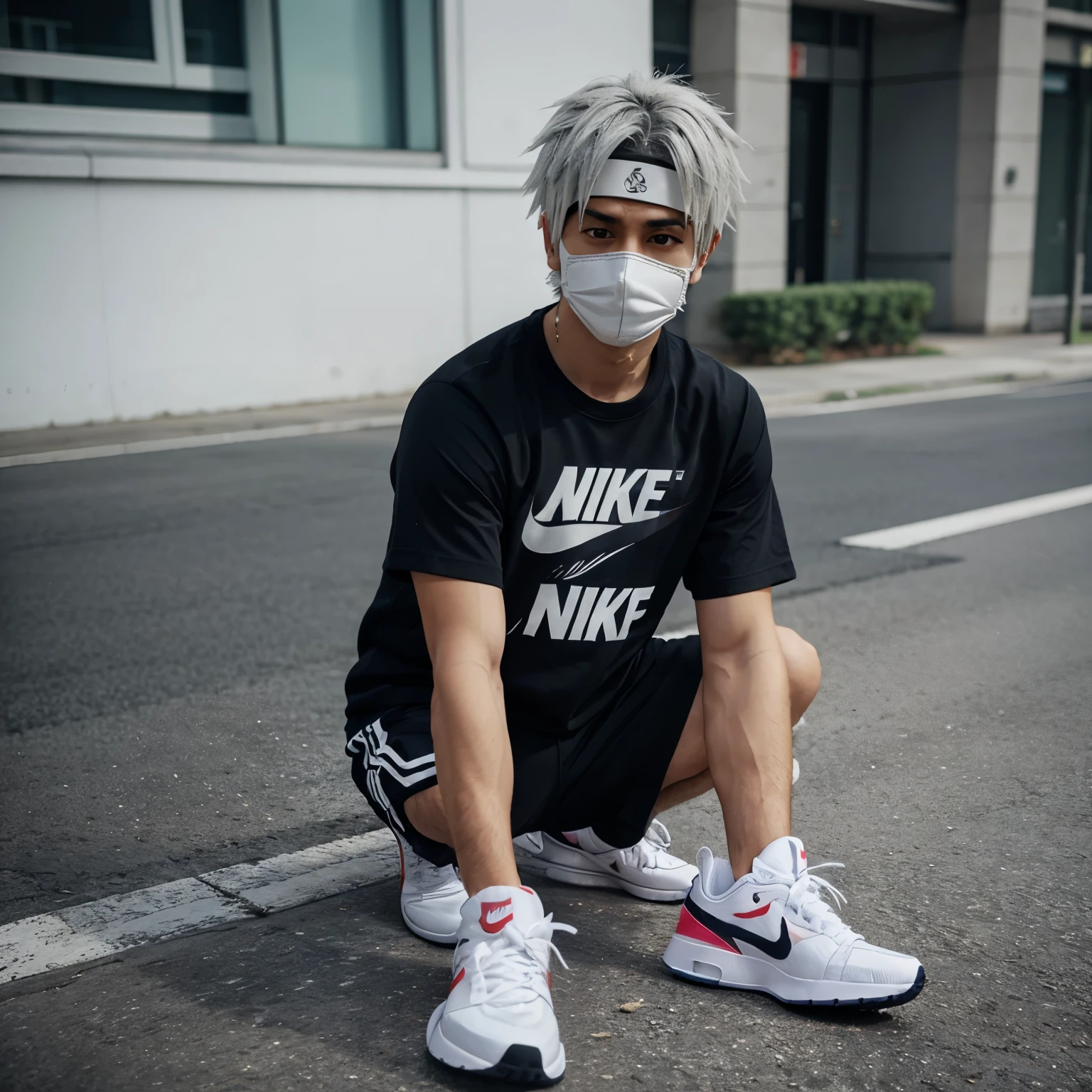 Kakashi character with anime shirt and Nike sneakers