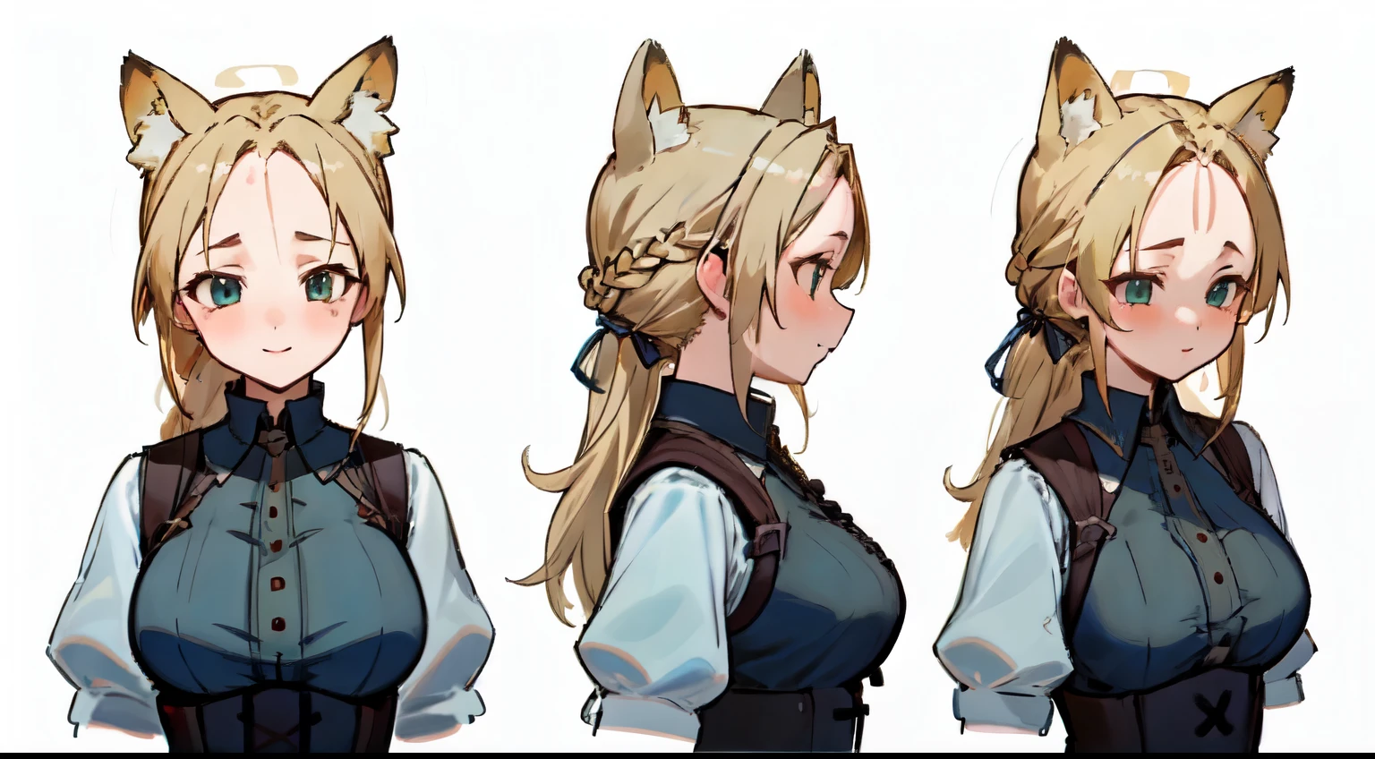 masterpiece: 1.6, highest quality: 1.4, live video: 1.2, intricate details: 1.2, ++, 1 girl, alone, ((blonde)), long hair, french braid, single ~ sidelock, Forehead: 1.5, fox ears, deep blue eyes, bright eyes, big breasts, green adventurer clothes, light clothing, pochette, ++, whole body, Upper body shot, multiple views, front, return, ~ side, Performance, ((Character setting material collection, Same character in different poses, character reversal, multiple views)), (transparent returnground, gray returnground:1.2), arms behind return, Upper body, portrait, Happy, Are crying, cold, neutral